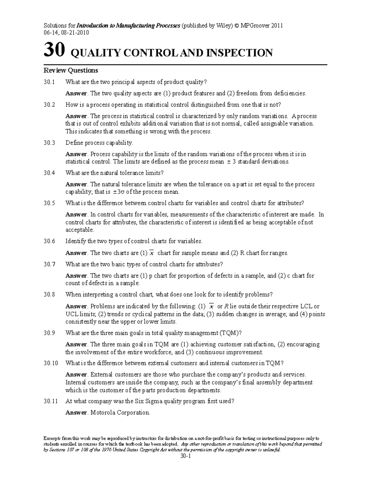 Ch30 - 06-14, 08-21- 30 QUALITY CONTROL AND INSPECTION Review Questions ...