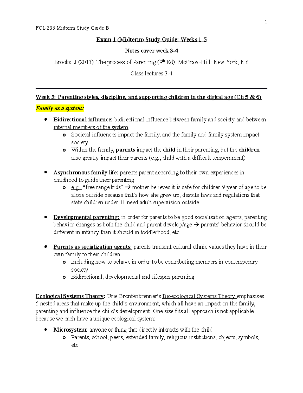 Midterm Study Guide Wk 3-4 - FCL 236 Midterm Study Guide B Exam 1 ...