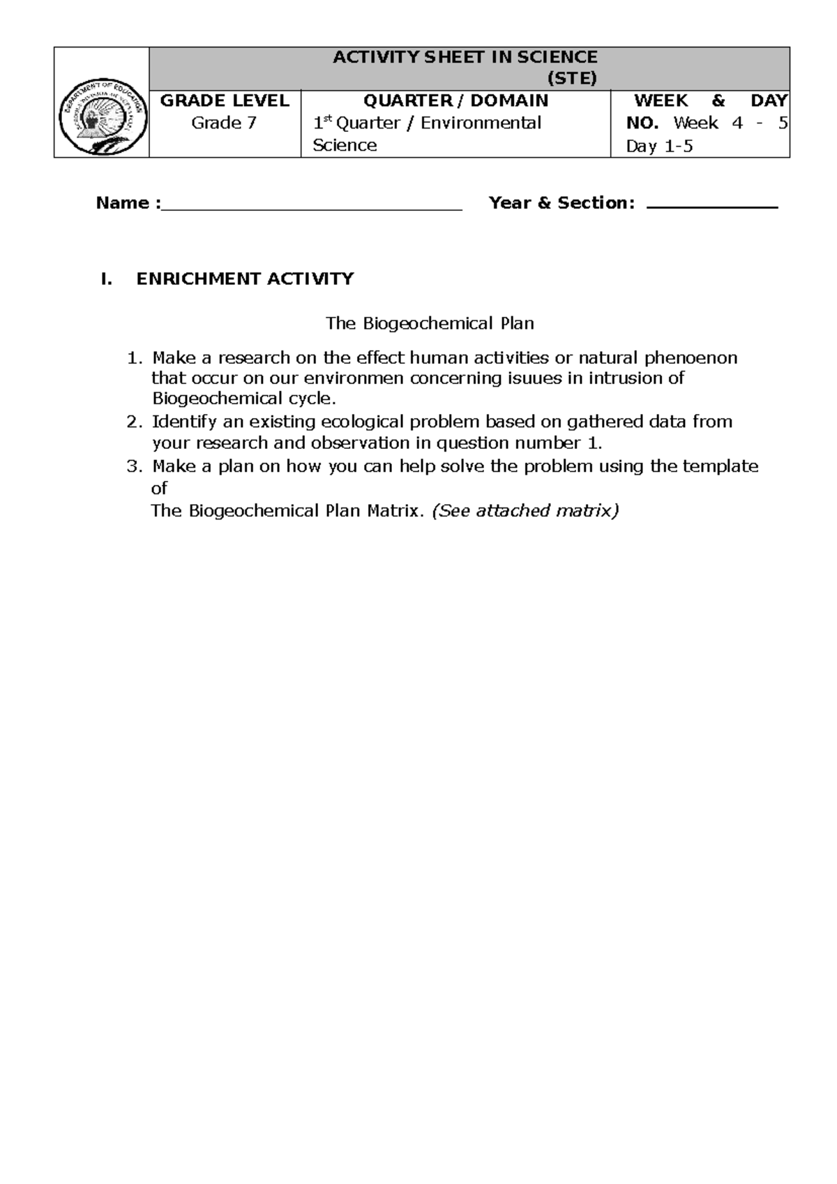 ACT 4 LAS ENVI - None - ACTIVITY SHEET IN SCIENCE (STE) GRADE LEVEL ...