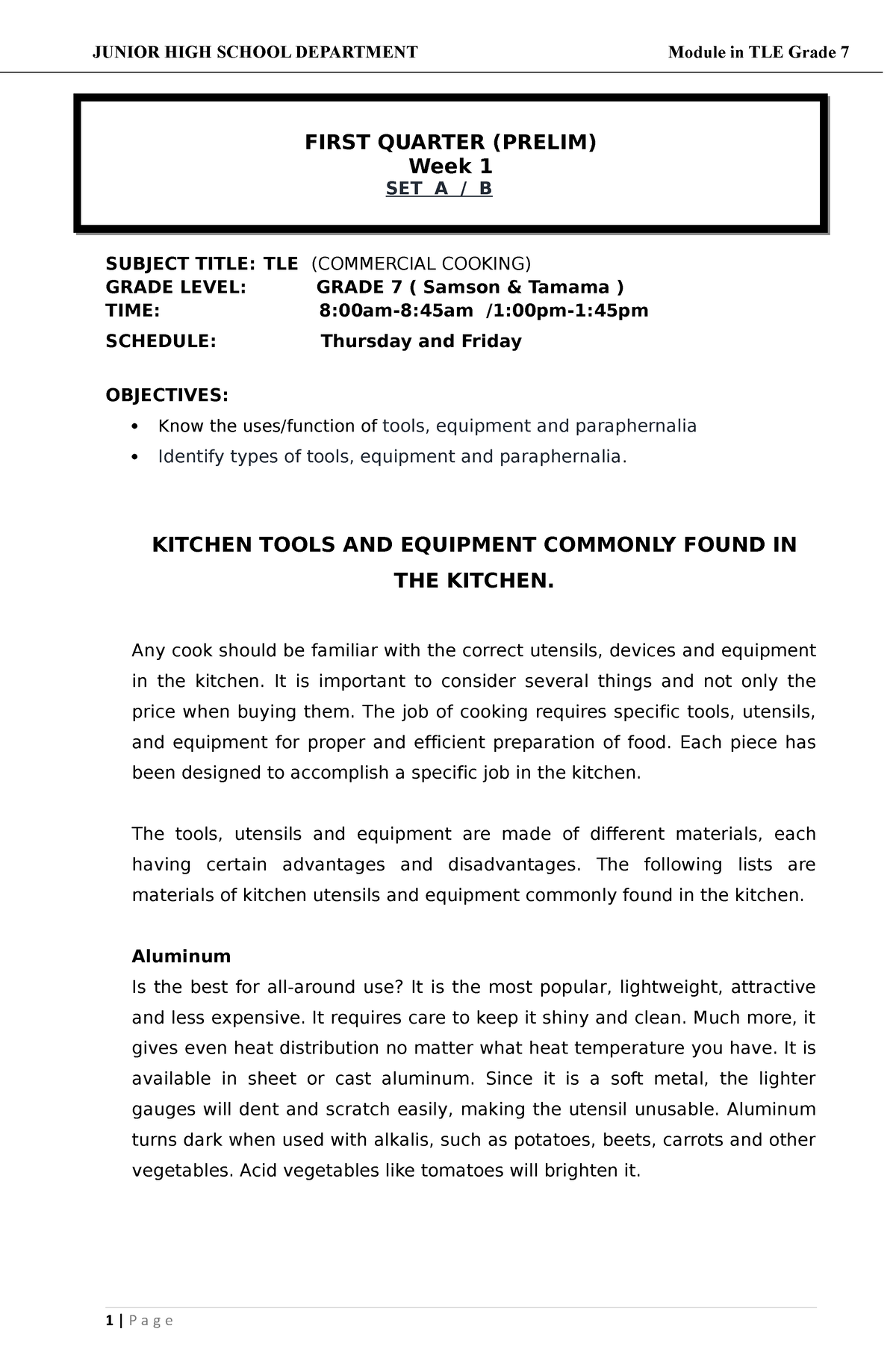 Cookery G7 Module 1 Prelim - SUBJECT TITLE: TLE (COMMERCIAL COOKING ...