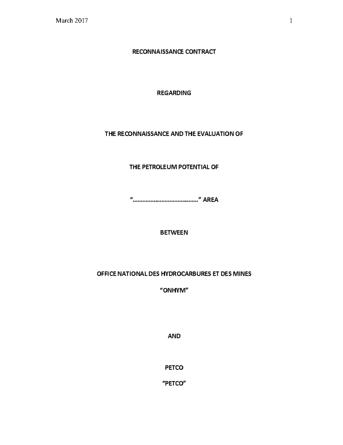 contract reconnaissance RECONNAISSANCE CONTRACT REGARDING THE