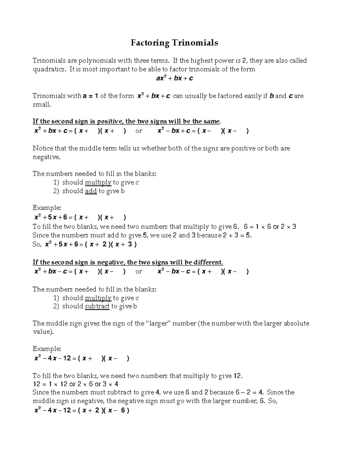 Factoring Trinomials - Practice Materials For General Math - Factoring ...