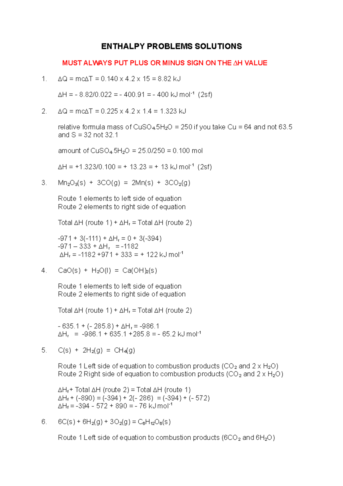 Chemistry Enthalpy Problems Solutions - ENTHALPY PROBLEMS SOLUTIONS ...