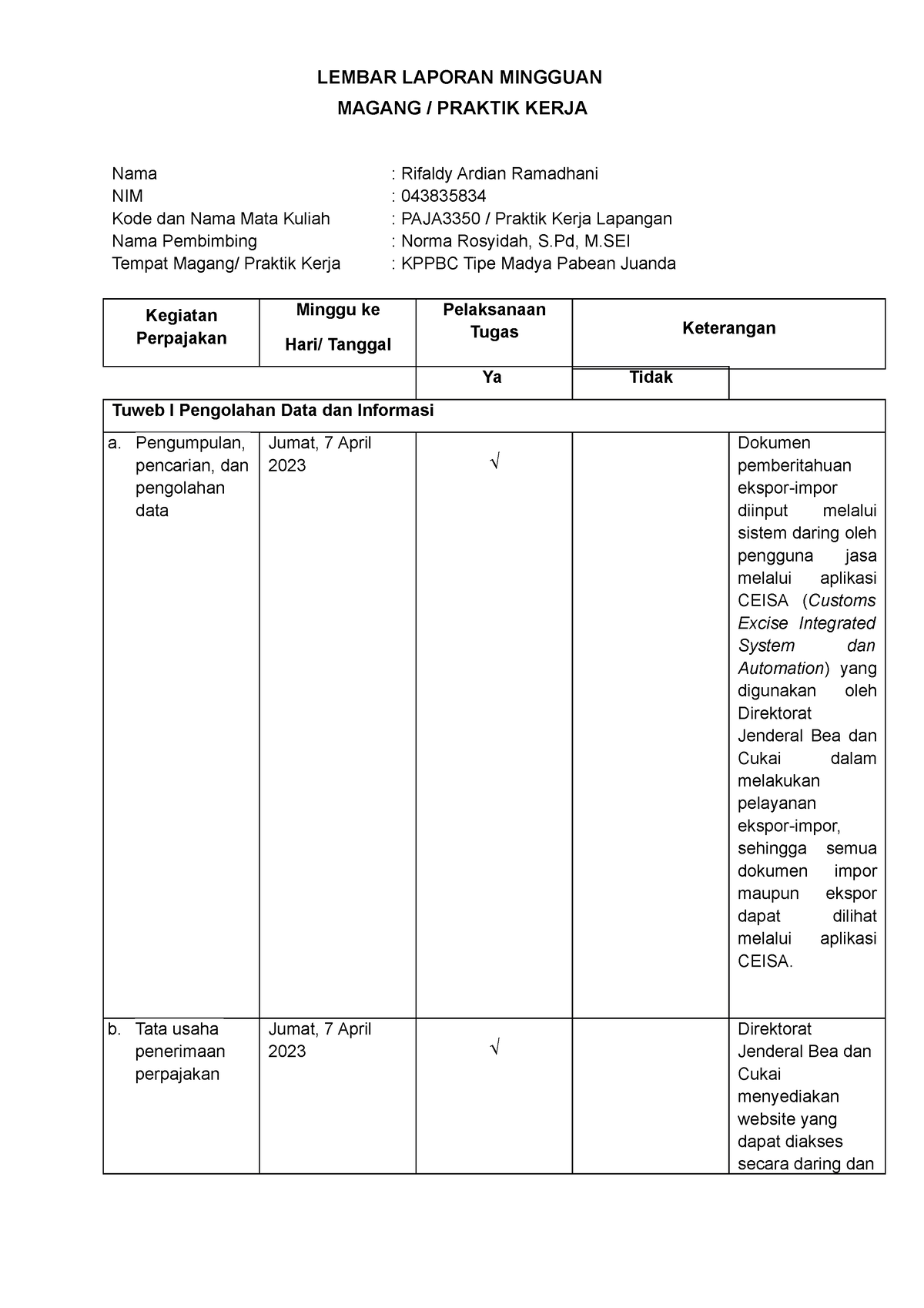 Tuweb 1 - Utiieiieh3hjwje - LEMBAR LAPORAN MINGGUAN MAGANG / PRAKTIK ...