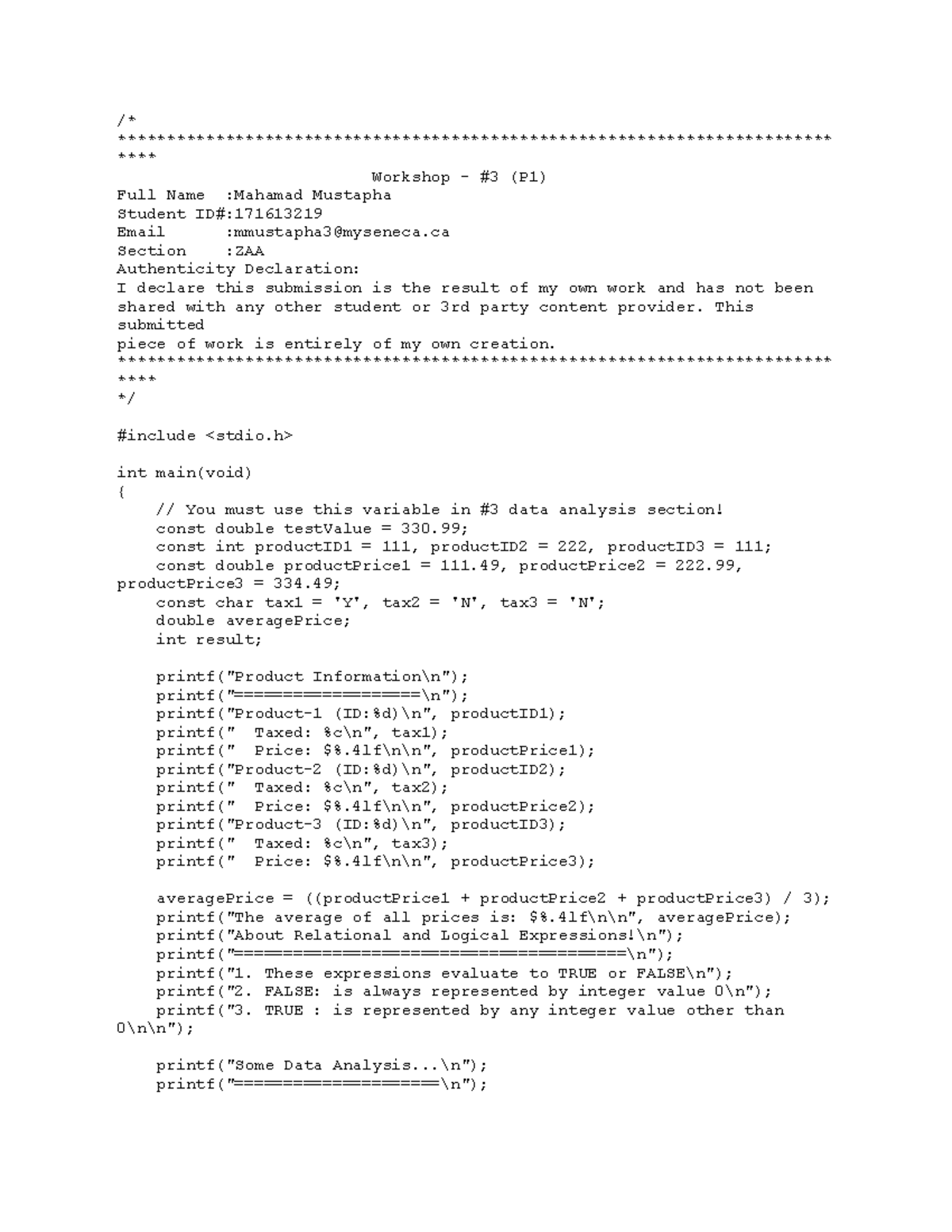 W3p1 - workshop 3 part 1 for IPC144 - /* - Studocu