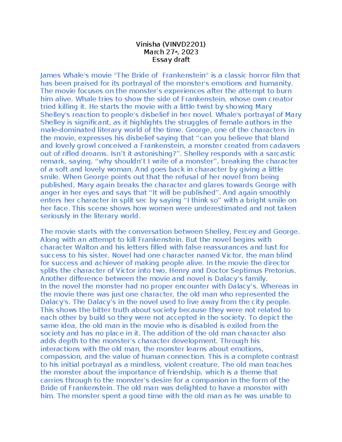 English essat draft - Vinisha (VINVD2201) March 27th, 2023 Essay draft ...