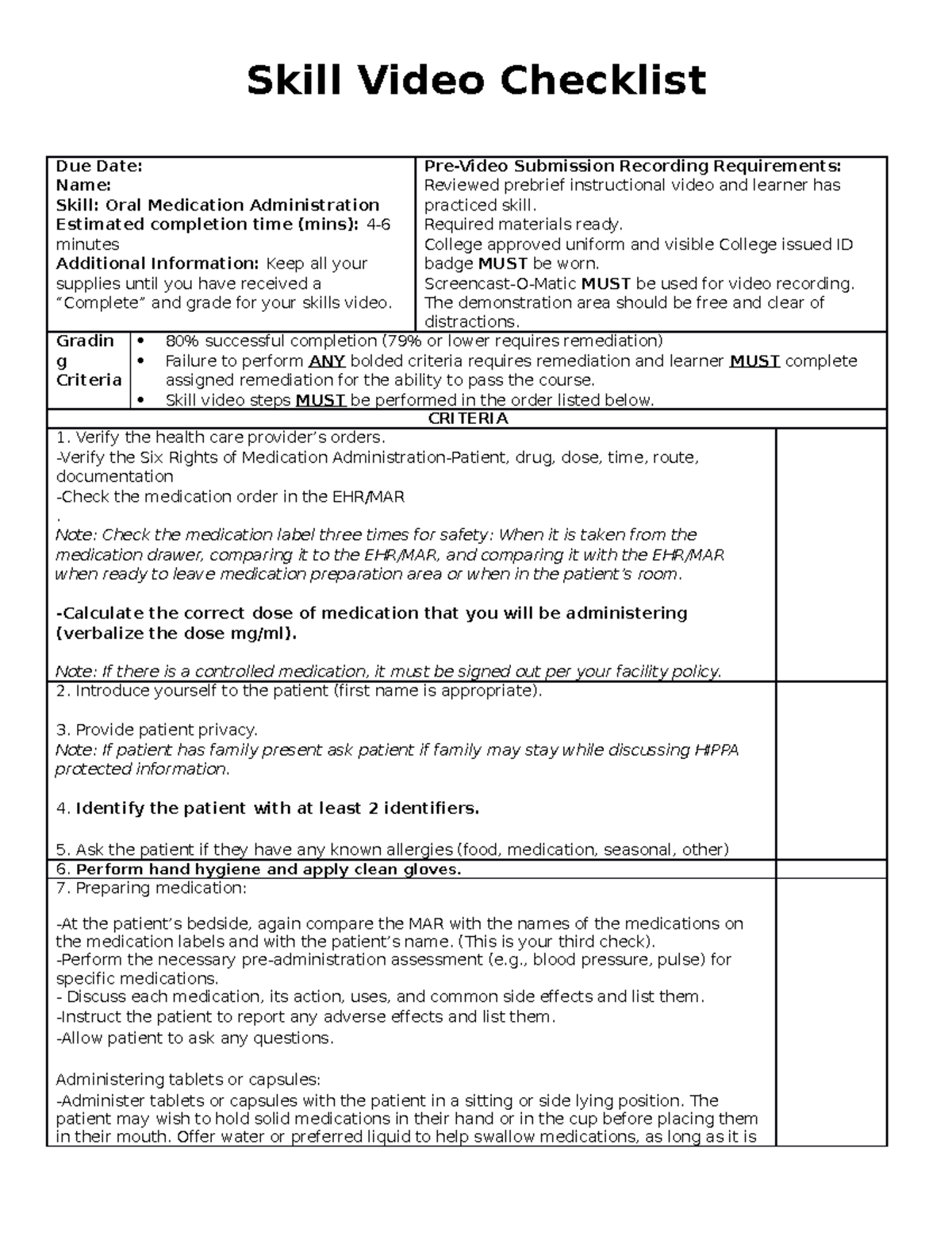 Oral Medication Administration Checklist Skill Video Checklist Due