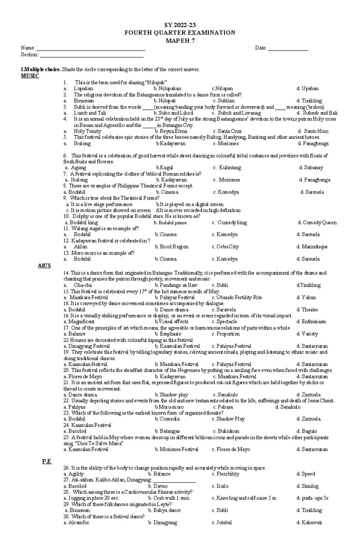 4Q- Mapeh 7-PT - SY 2022- FOURTH QUARTER EXAMINATION MAPEH 7 Name ...