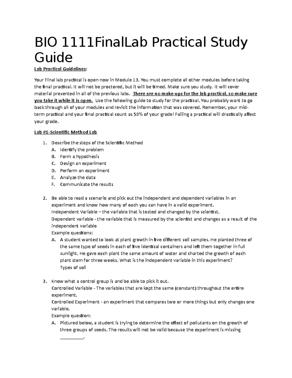 Biology Lab Final Study Guide - BIO 1111FinalLab Practical Study Guide ...