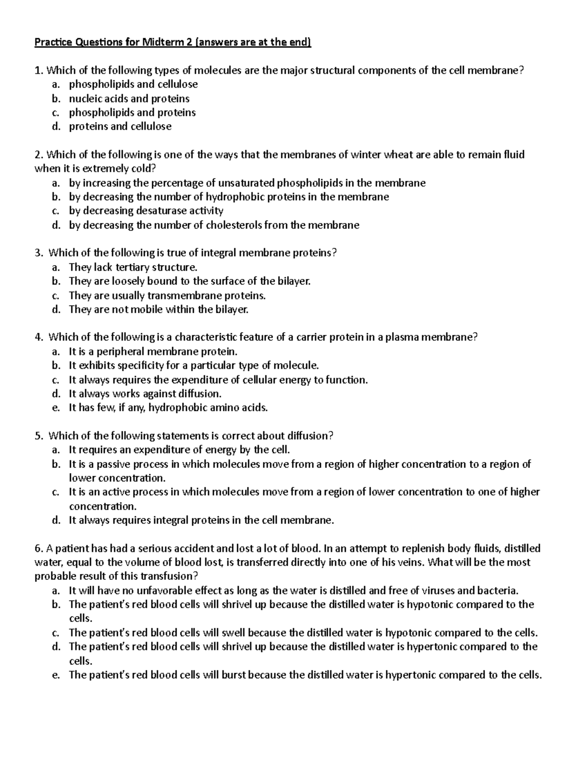 Bio Practise - Midterm 2 - Practice Questions For Midterm 2 (answers ...