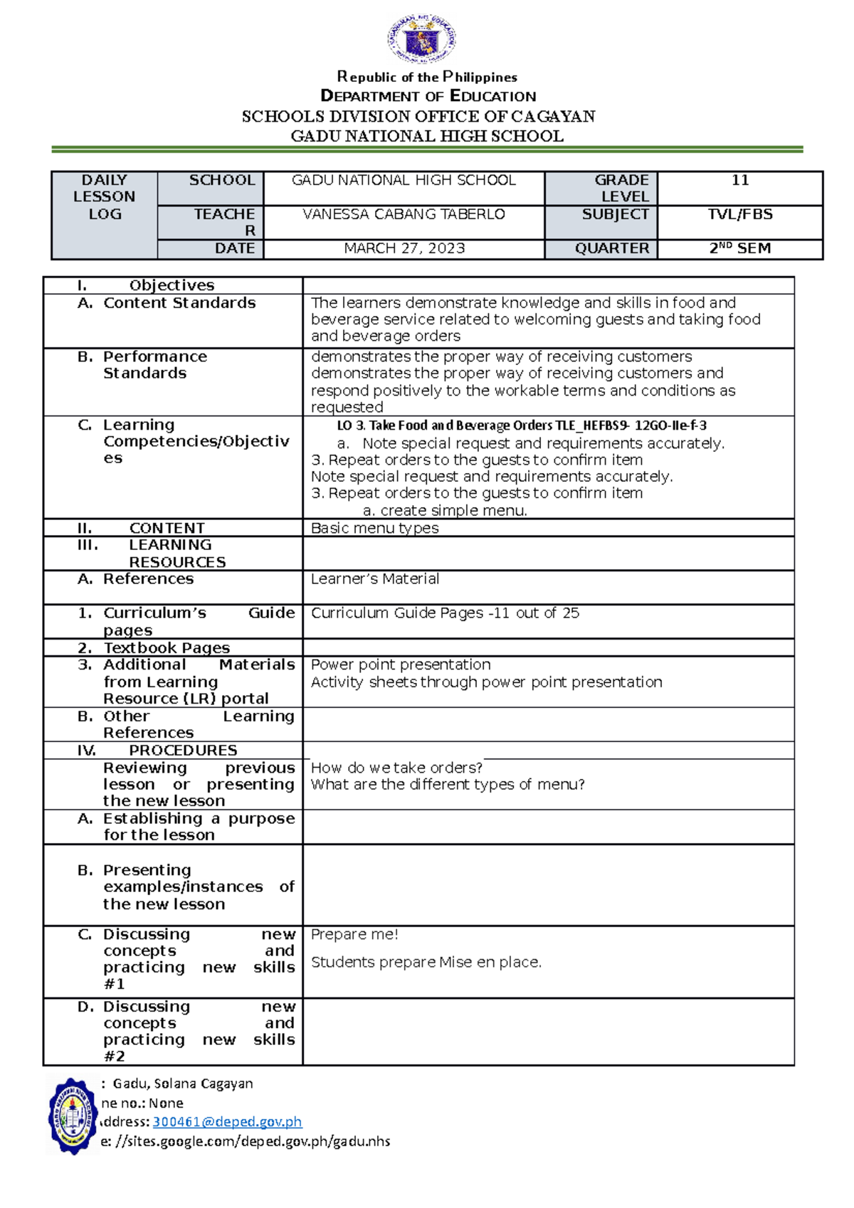 Performance menu - fbs - Republic of the Philippines DEPARTMENT OF ...