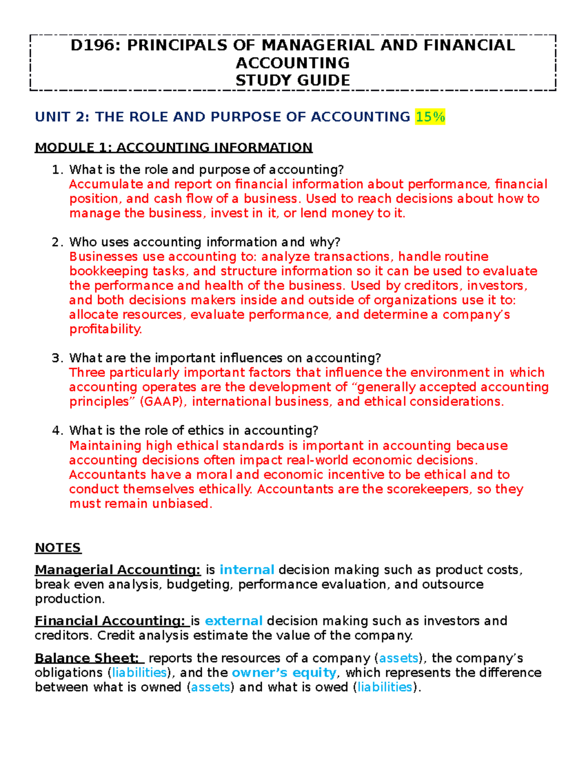 D196 Study Guide Answers & Notes - D196: Principals Of Managerial And 