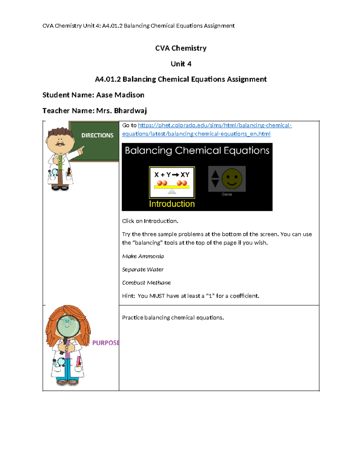 Aase Madisons Balancing Chemical Equations Assignment - CVA Chemistry ...