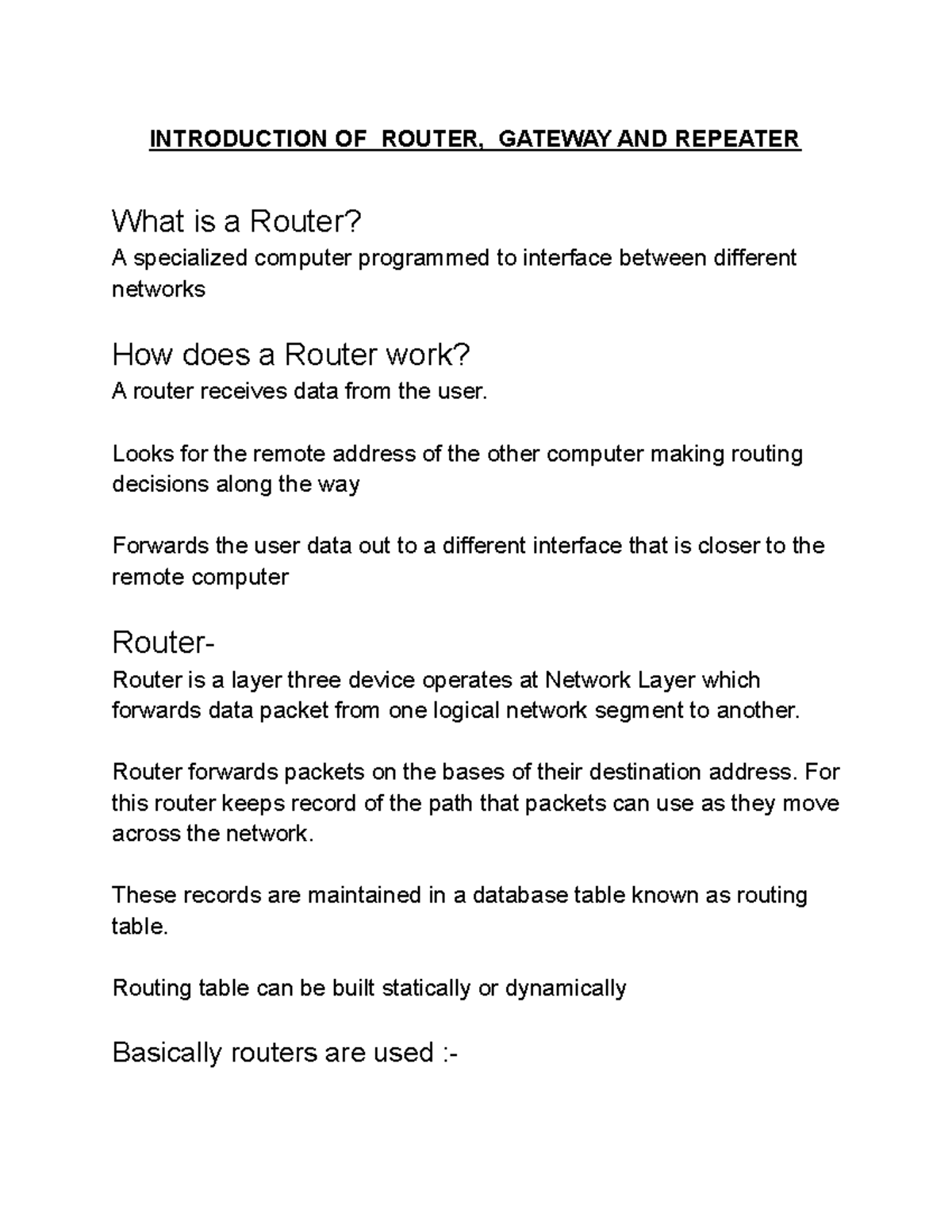 Introduction OF Router, Gateway AND Repeater INTRODUCTION OF ROUTER