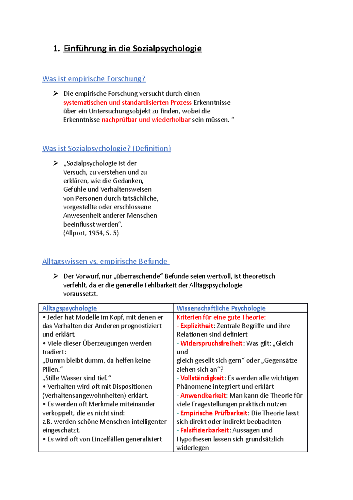 Sozialpsychologie Zusammenfassung 1. Einführung in die Sozialpsychologie Was ist empirische