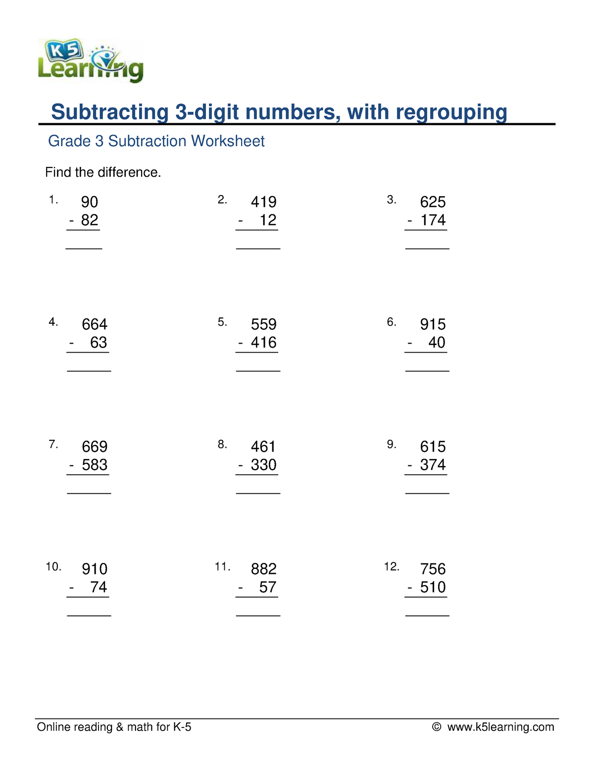 subtraction with 3 digit- numbers with grouping - Online reading & math ...