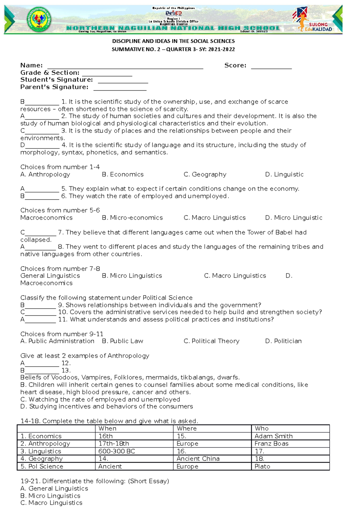 DISS Summative 2 - Q3 - DISCIPLINE AND IDEAS IN THE SOCIAL SCIENCES ...