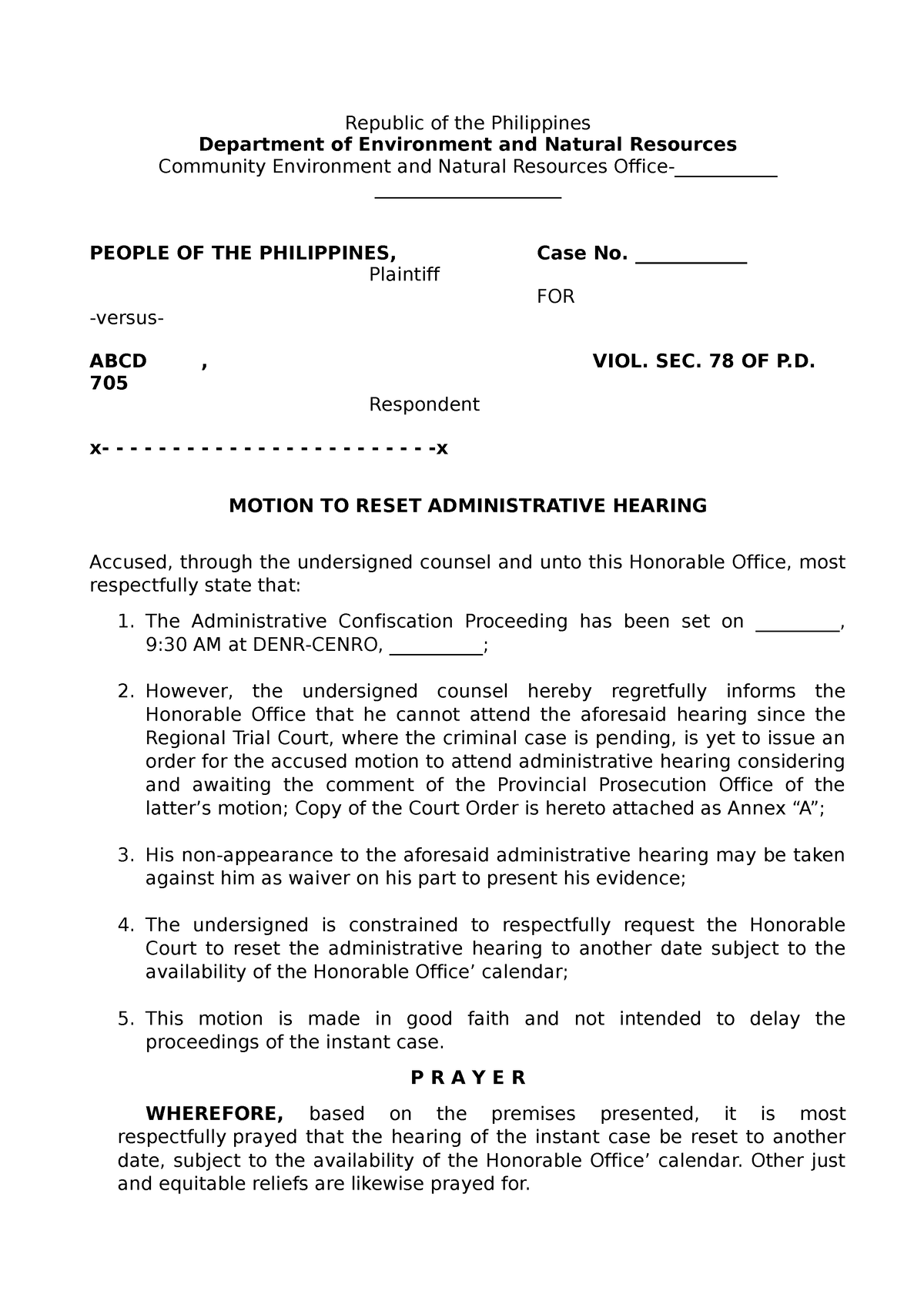 Motion to reset administrative hearing - Republic of the Philippines ...