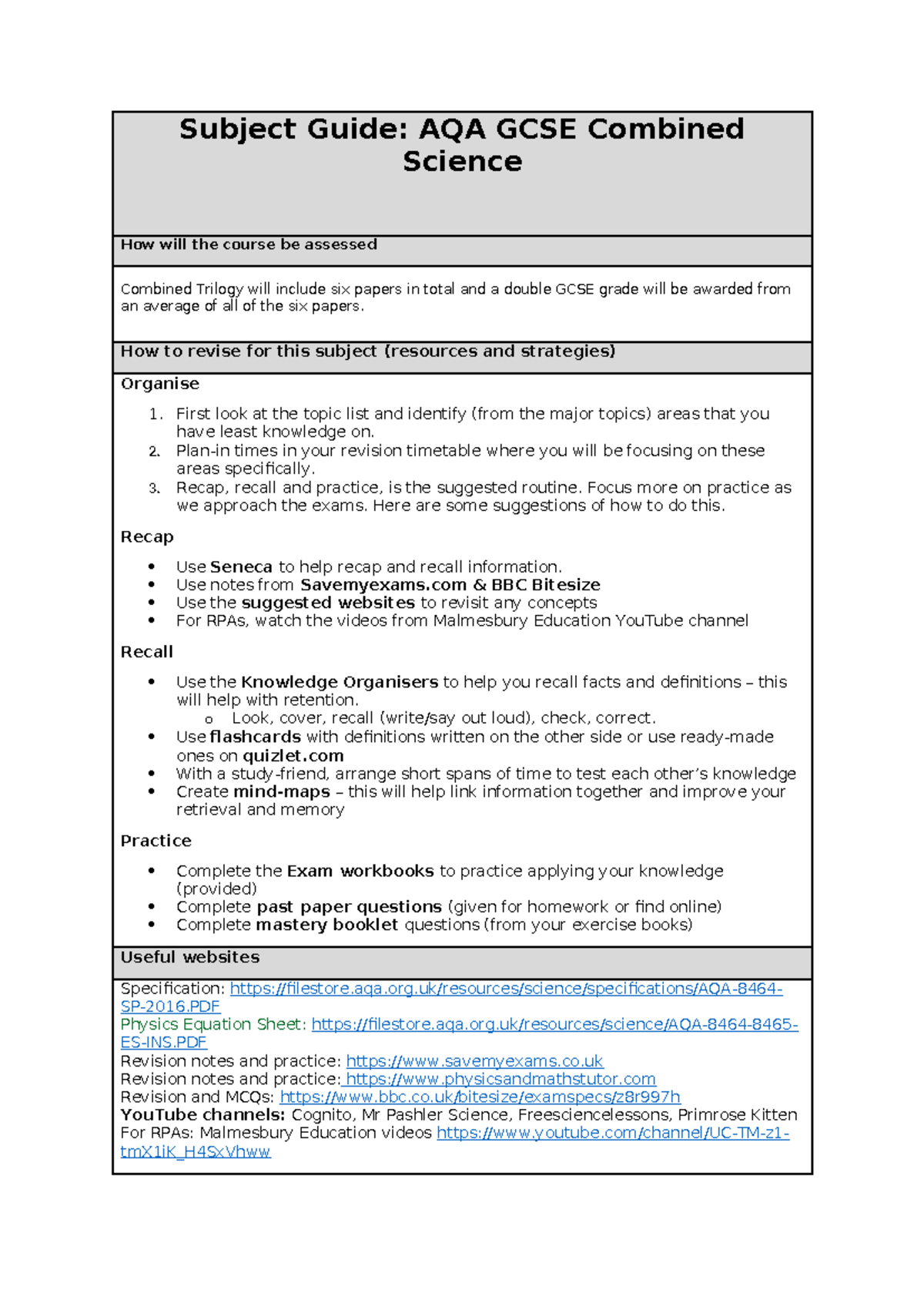 Science Subject Guide Final Version - Subject Guide: AQA GCSE Combined ...