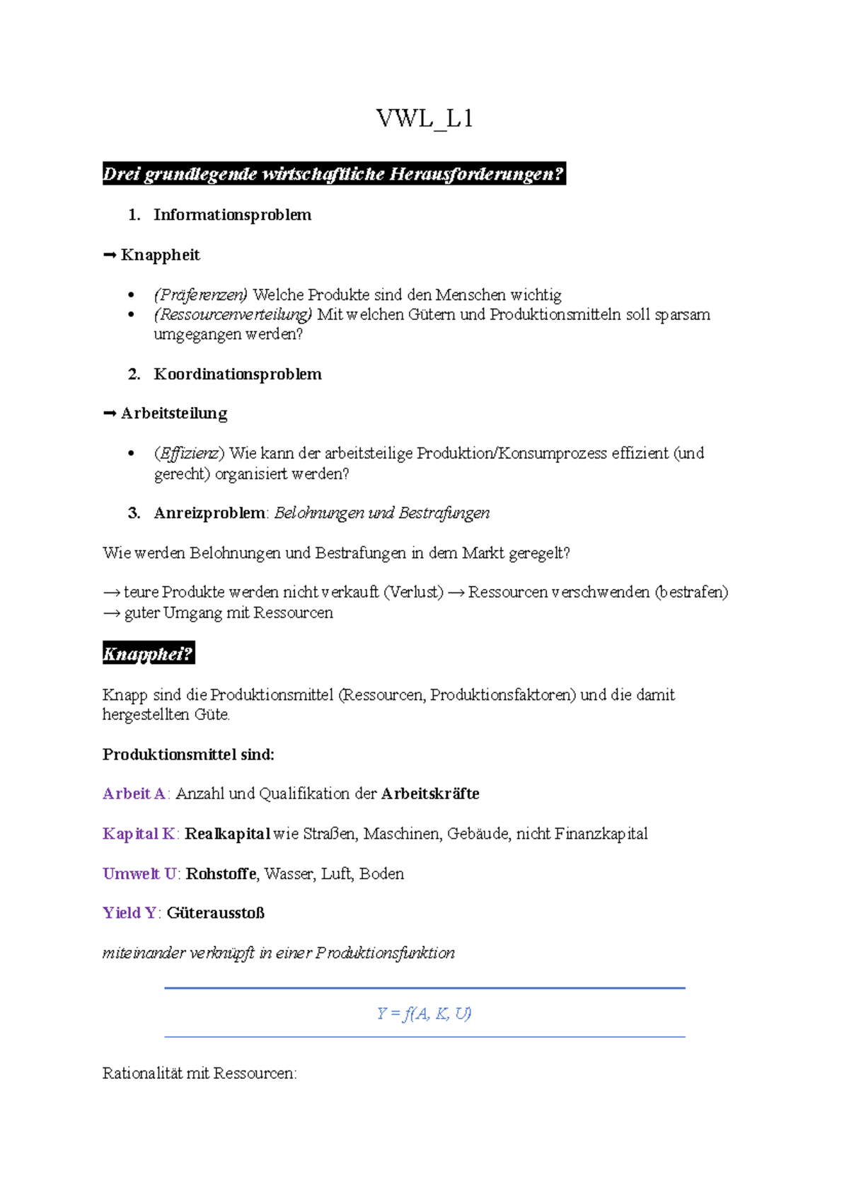 VWL L1 Einführung in die VWL, Vorlesung §1 VWL_L Drei grundlegende wirtschaftliche Studocu
