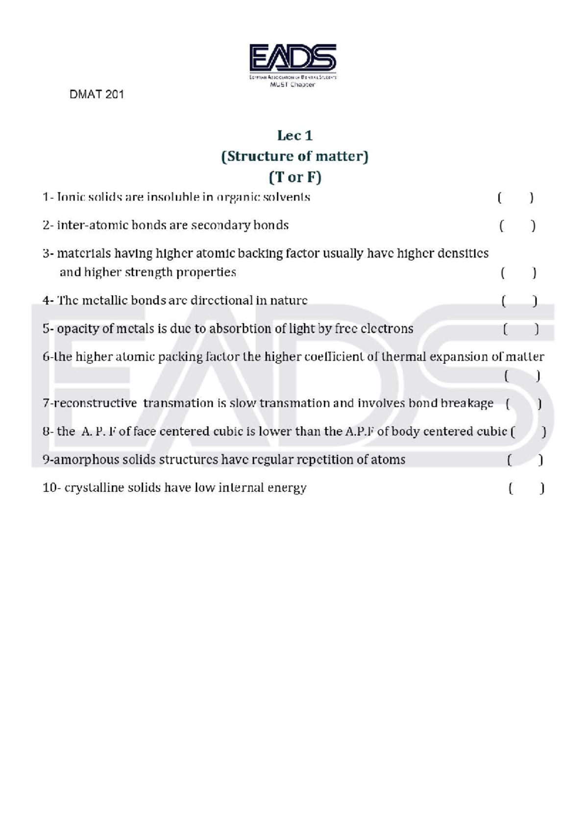 DMAT201 Lec1 (EADS) a practice materials for dental materials