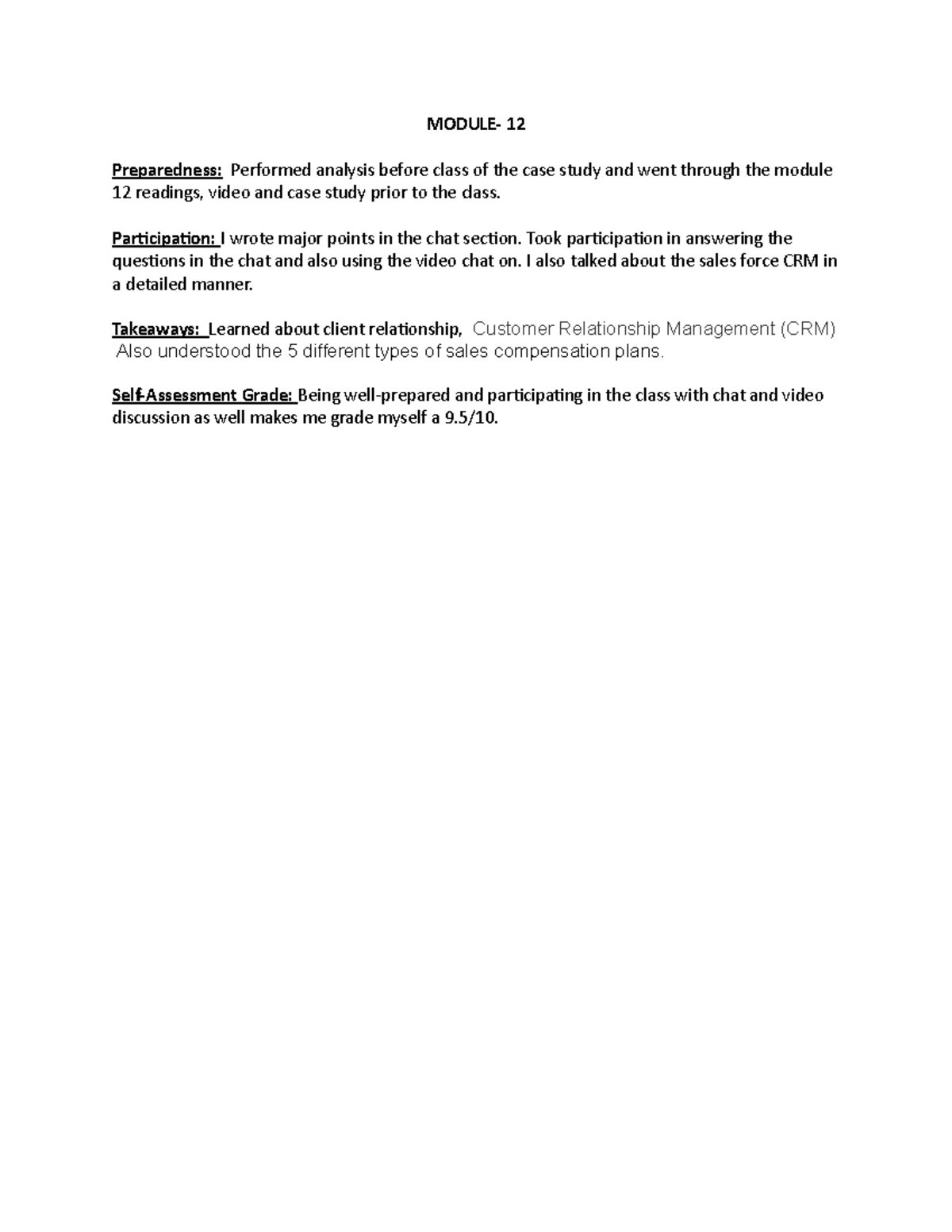 Module-12 Self-assessment - MODULE- 12 Preparedness: Performed analysis