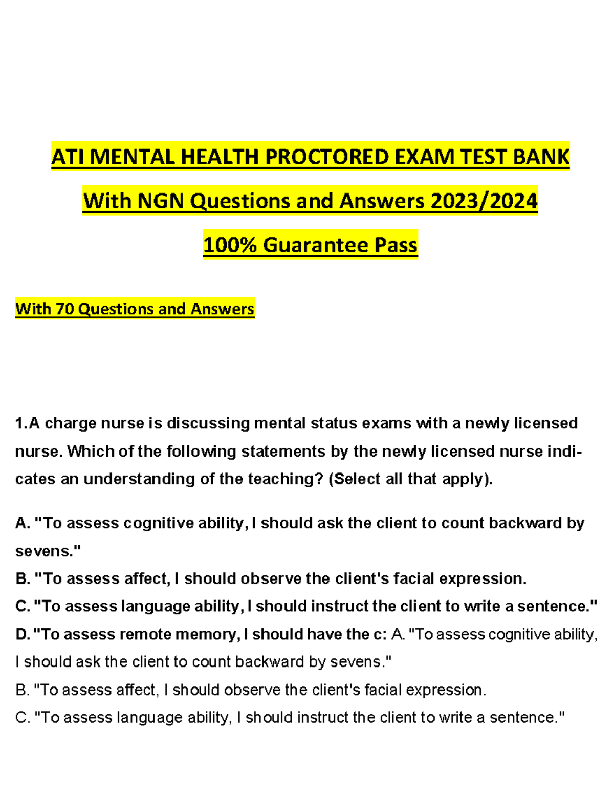 Ati Mental Health Proctored Exam 2021 Test Bank