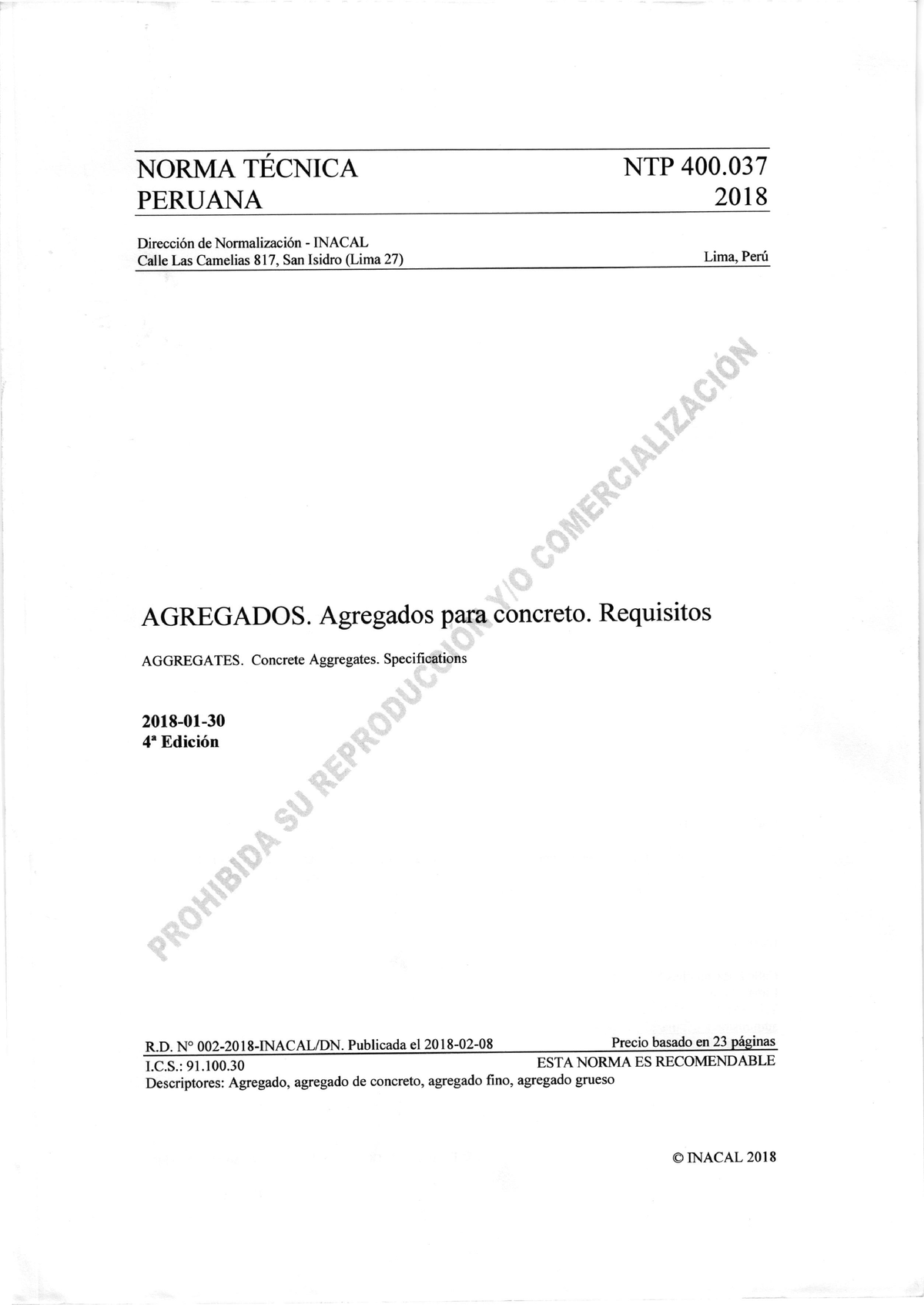 NTP-400-037-2018 Agregados Para Concreto - NORMA TECNICA PERUANA NTP ...