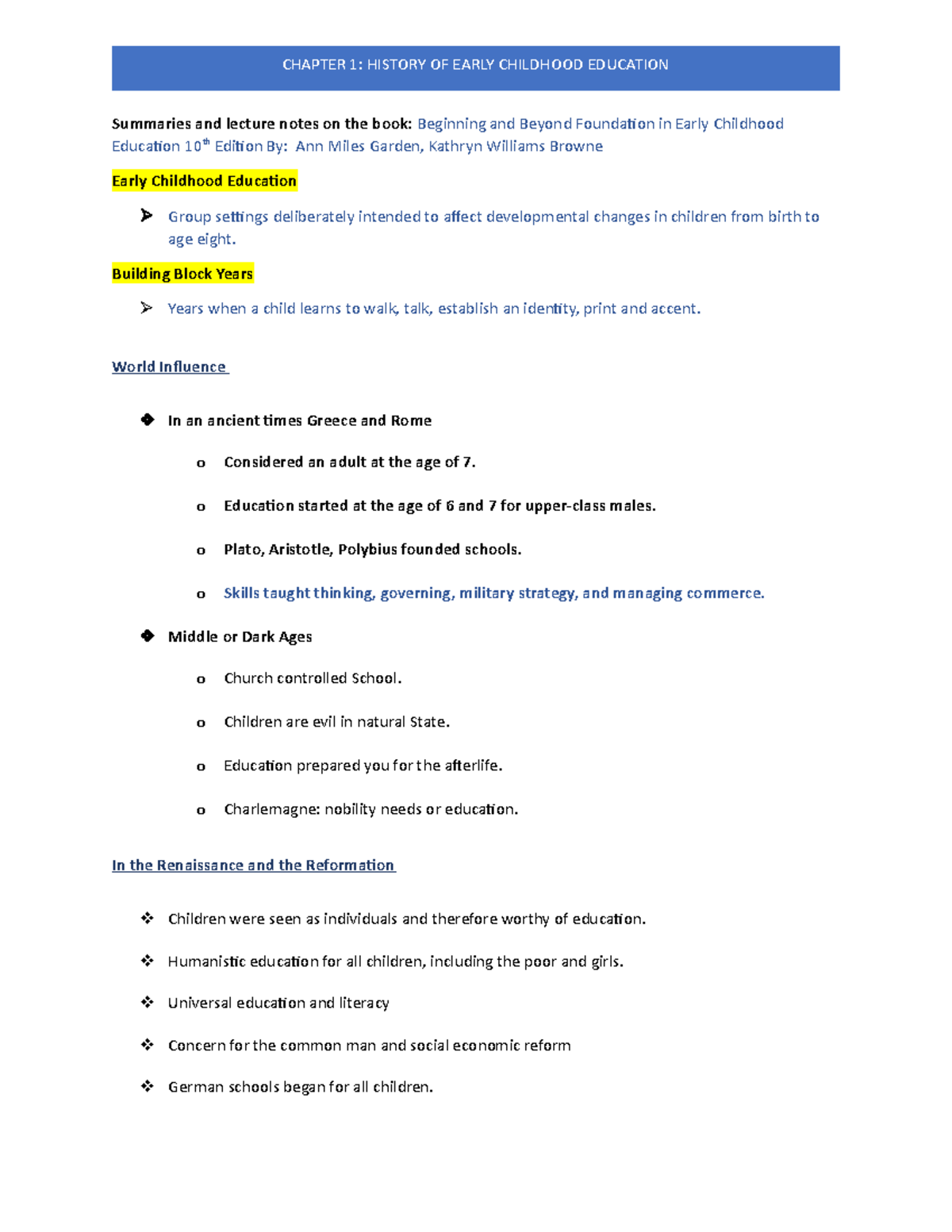 Chapter 1 History of Early Childhood Education Summaries and lecture