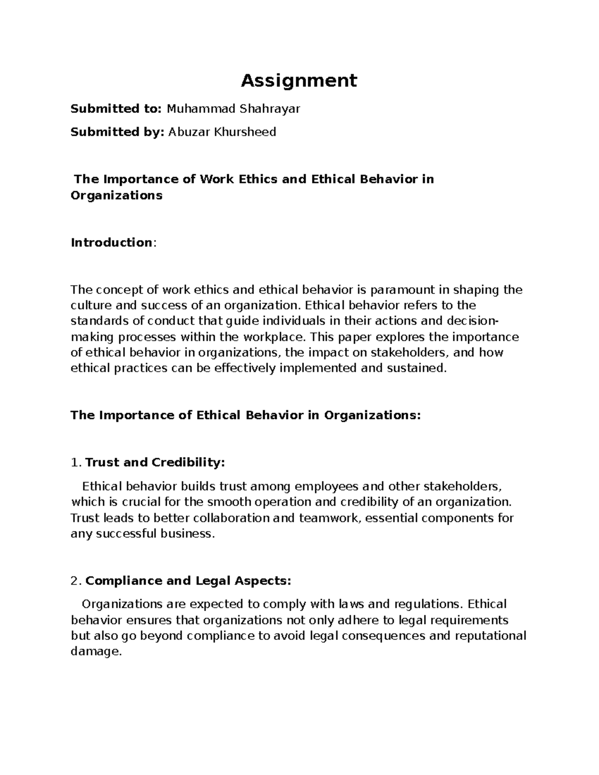 Work Ethics-Ethical Behavior in organisation - Assignment Submitted to ...