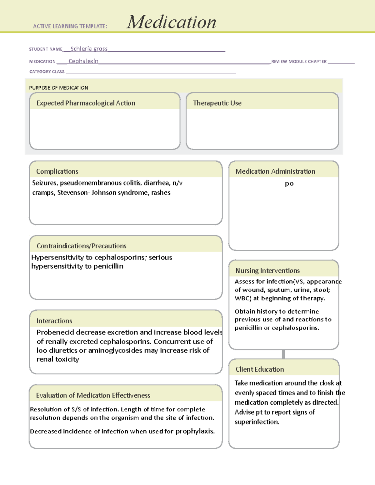 Cephalexin Medication Template - STUDENT NAME Schleria gross