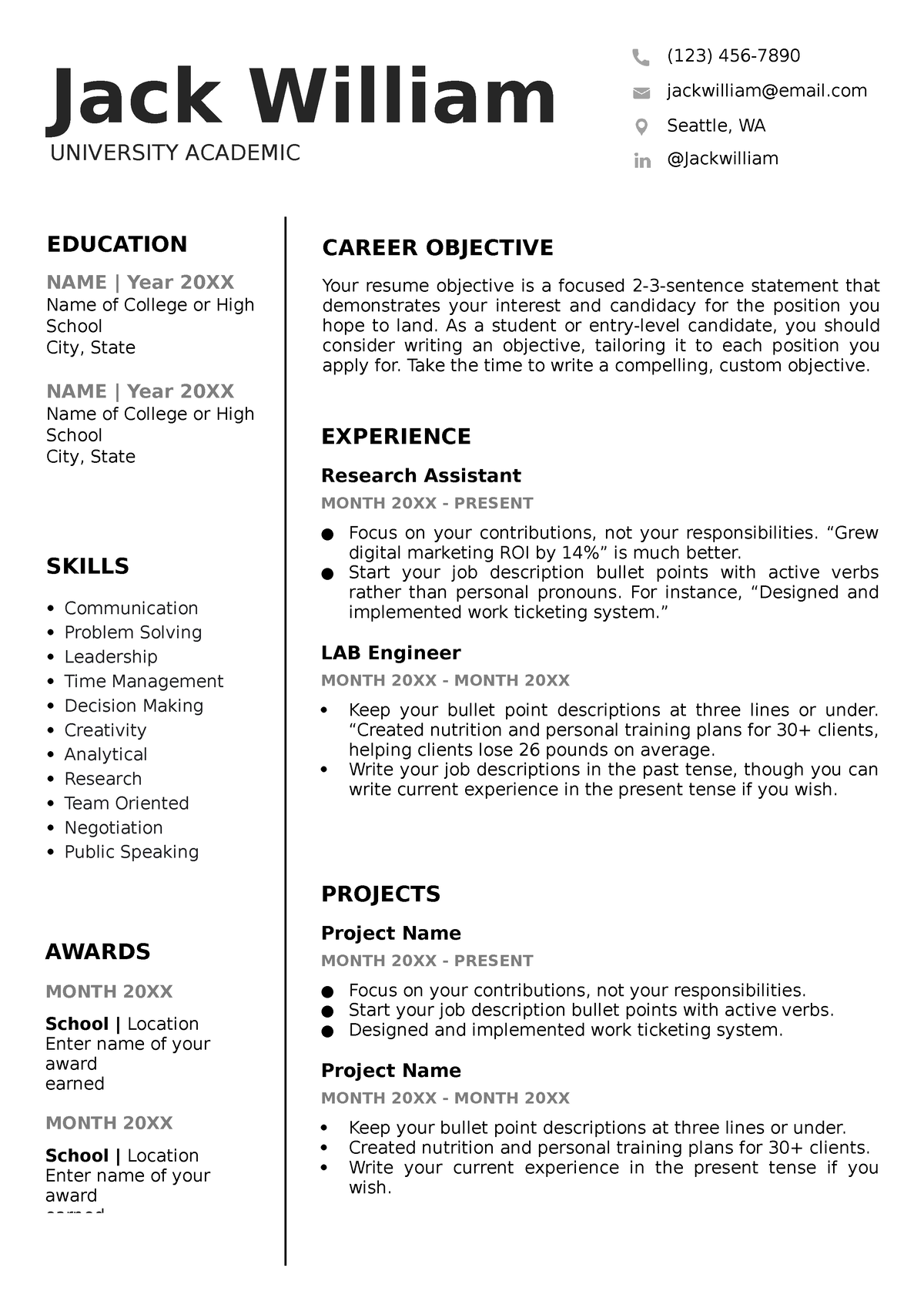 Resume template - Jack William UNIVERSITY ACADEMIC (123) 456 ...