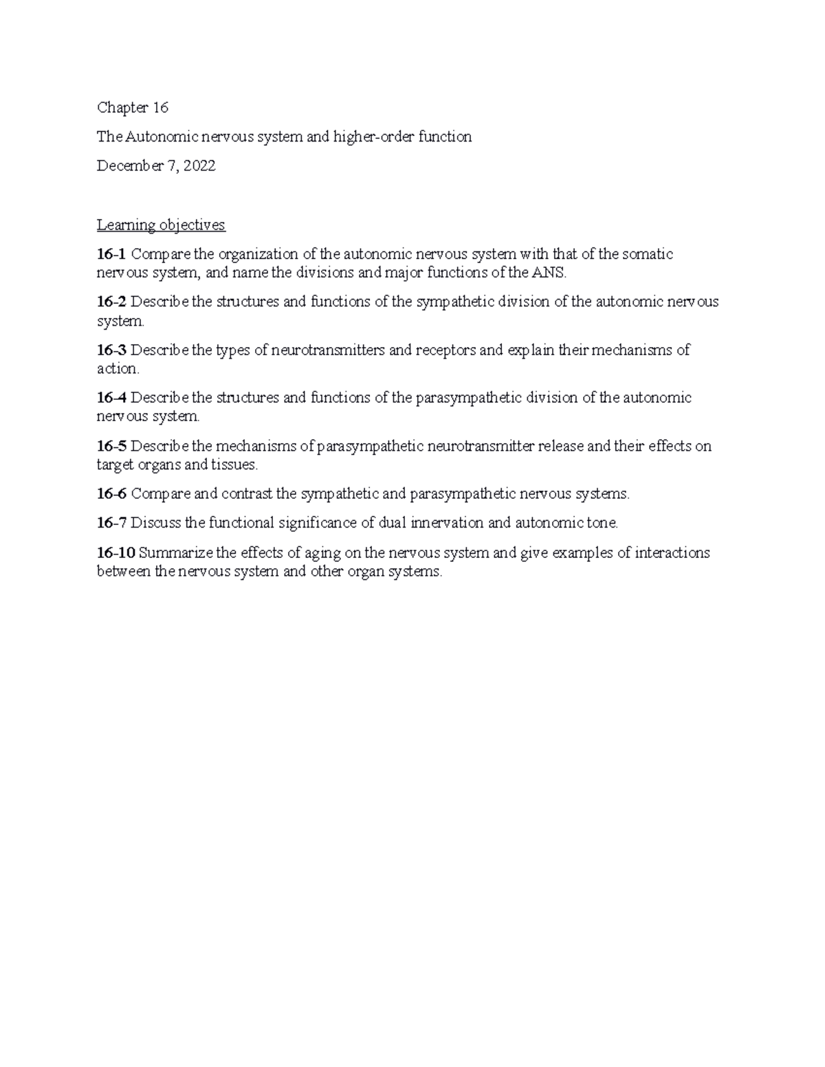 BIO220 chap 16 - the autonomic nervous system - Chapter 16 The ...