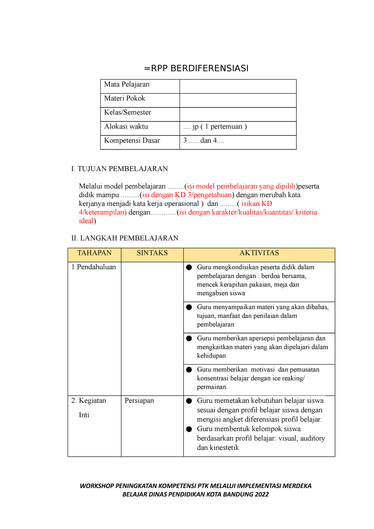 Format RPP Berdiferensiasi - =RPP BERDIFERENSIASI Mata Pelajaran Materi ...