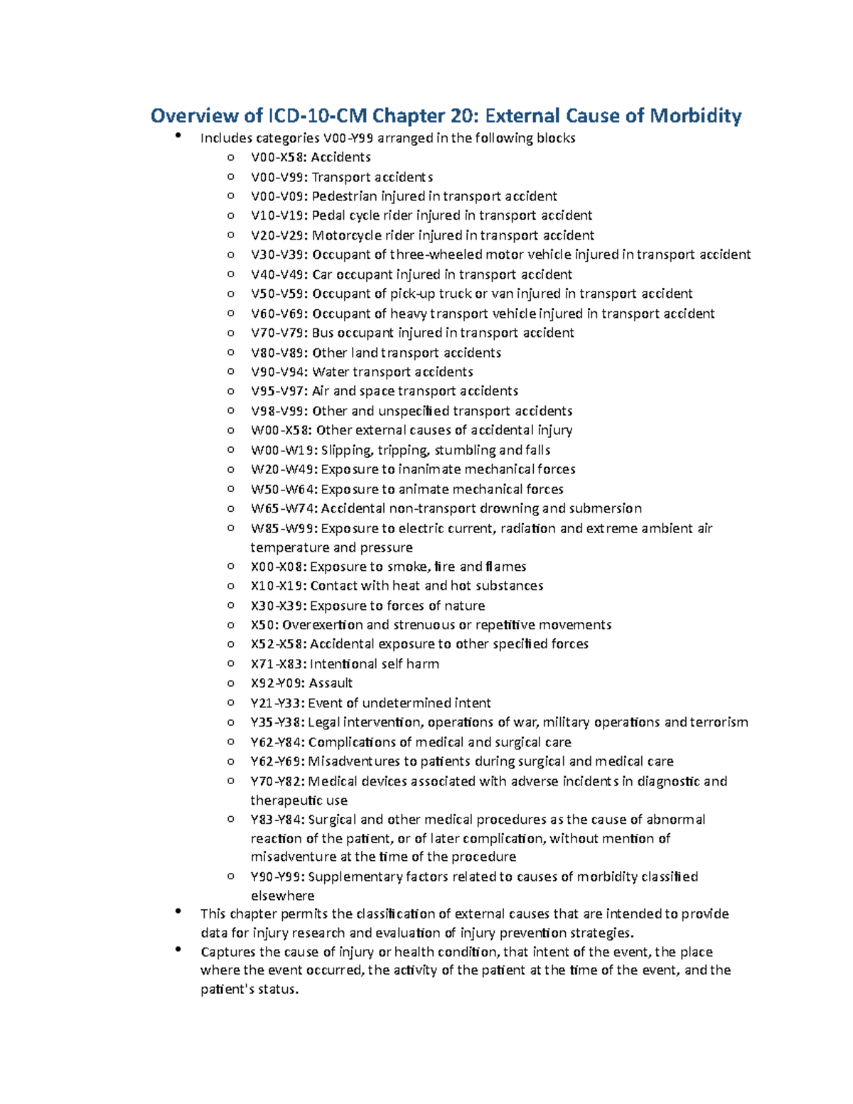 Chapter 23 V00 Y99 External Causes Of Morbidity Overview Of Icd 10