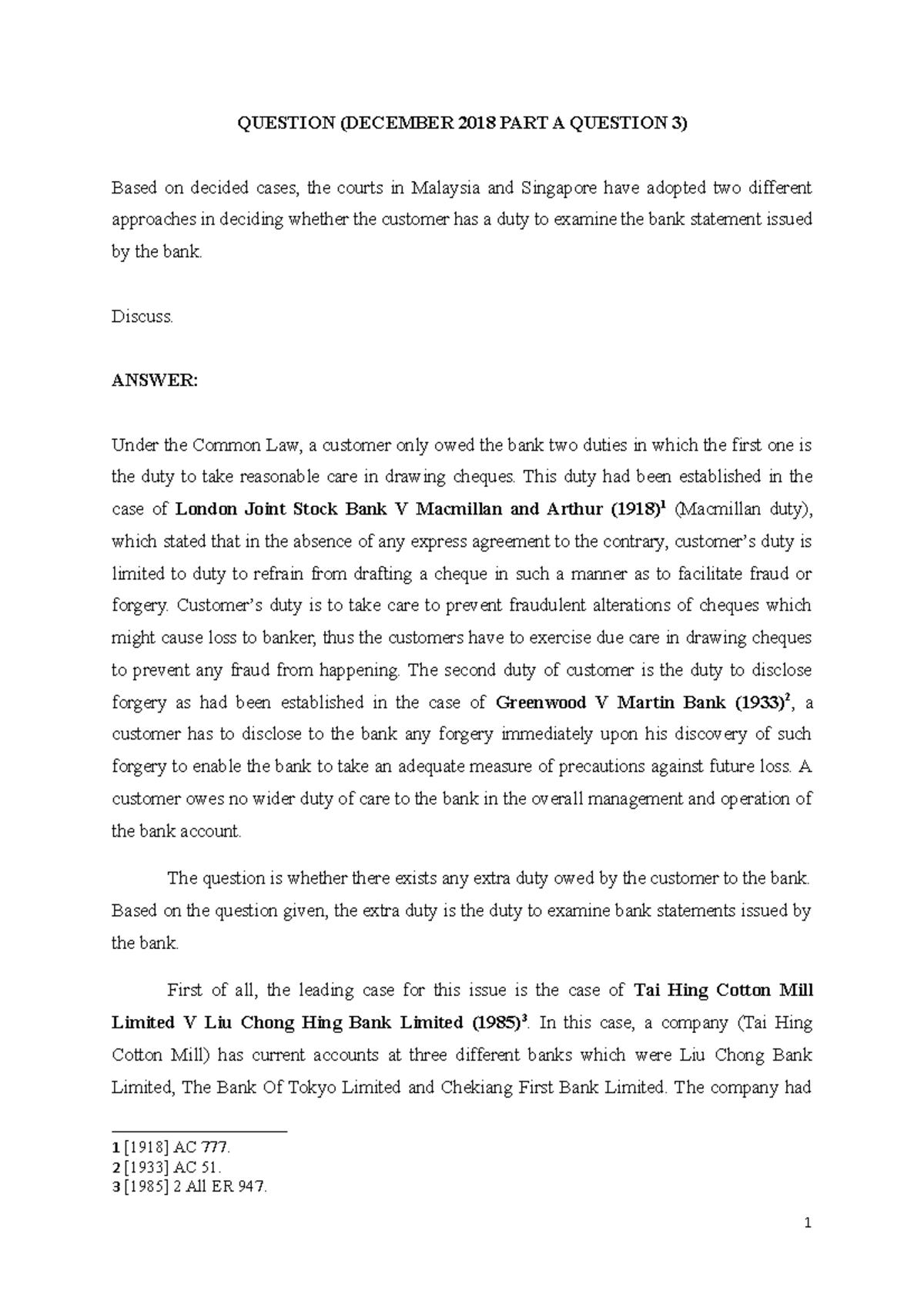 Written assignment banking - QUESTION (DECEMBER 2018 PART A QUESTION 3 ...