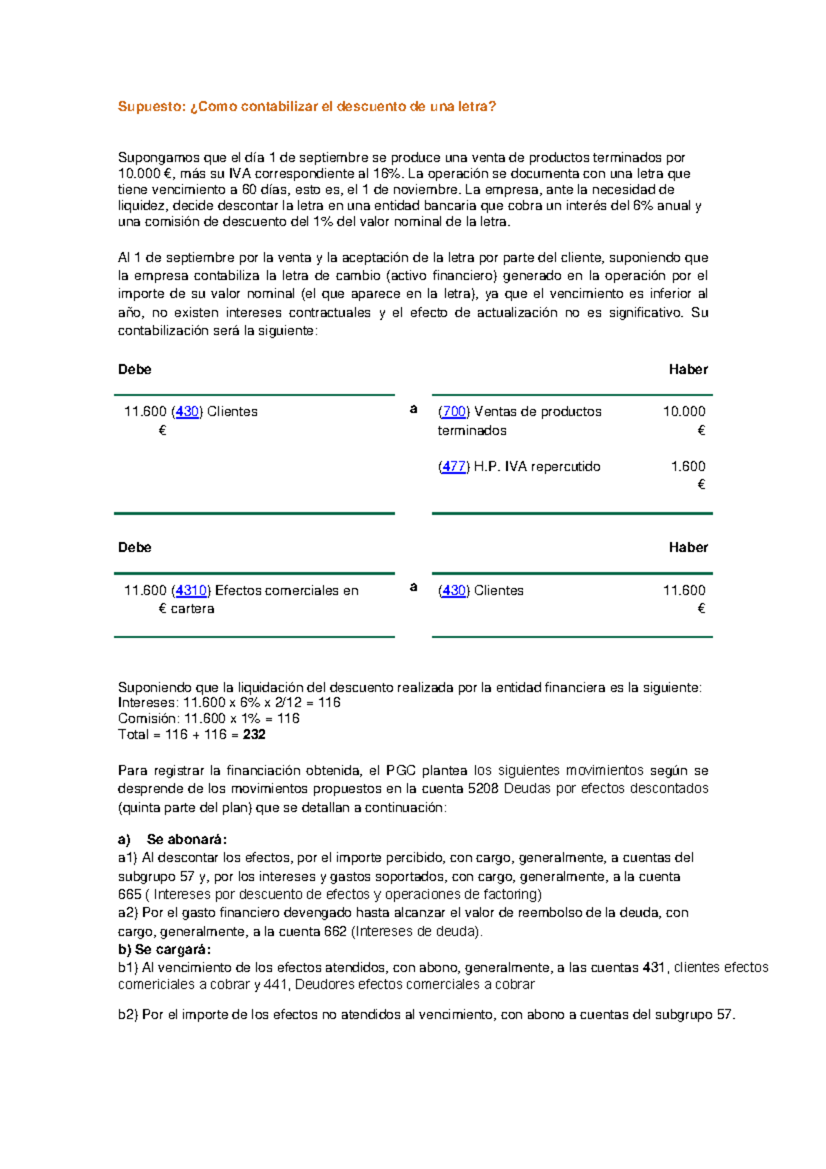 Ejercicio Descuento de una letra - Supuesto: ¿Como contabilizar el ...