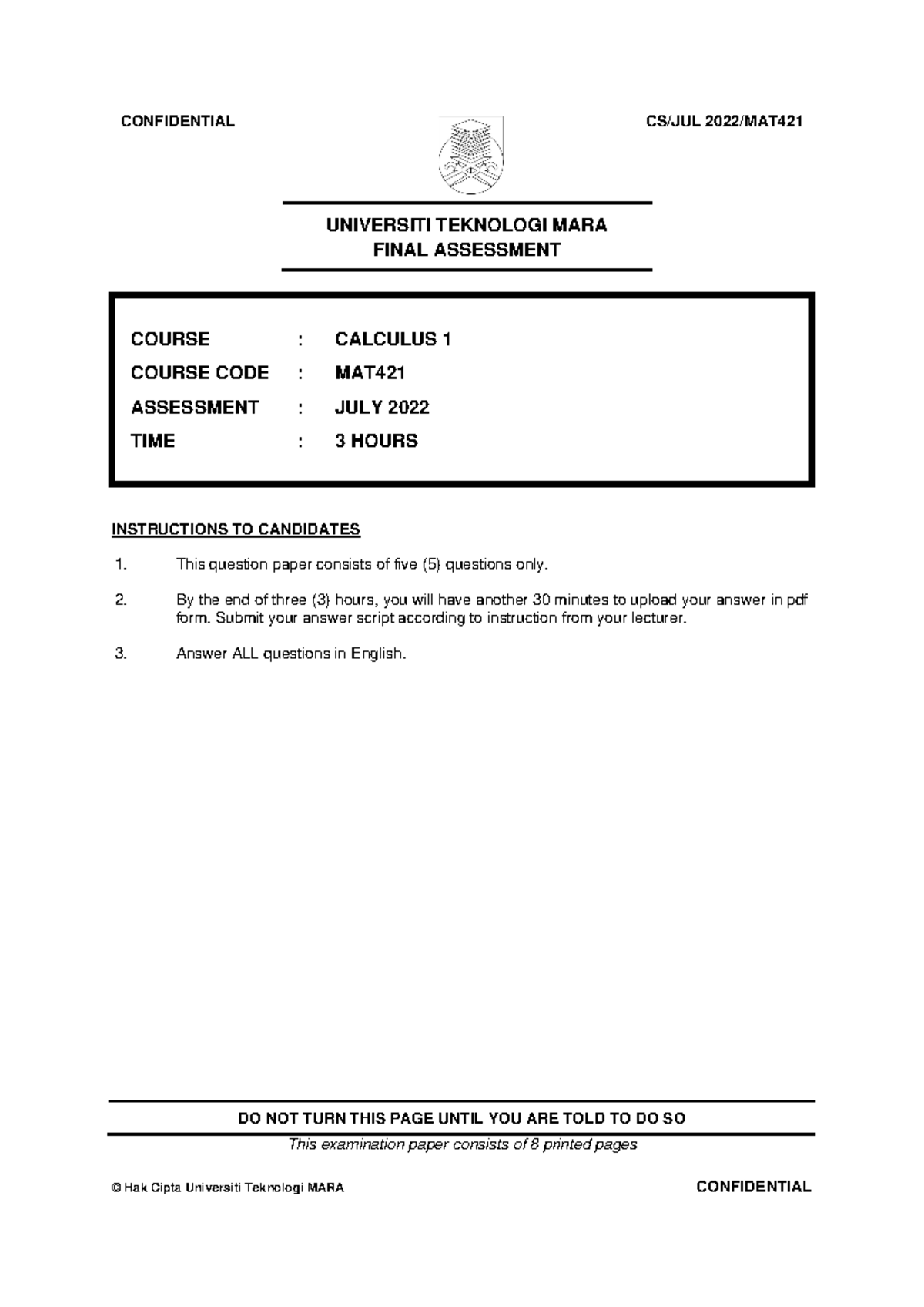 MAT421 JULY 2022 ODL - UNIVERSITI TEKNOLOGI MARA FINAL ASSESSMENT ...