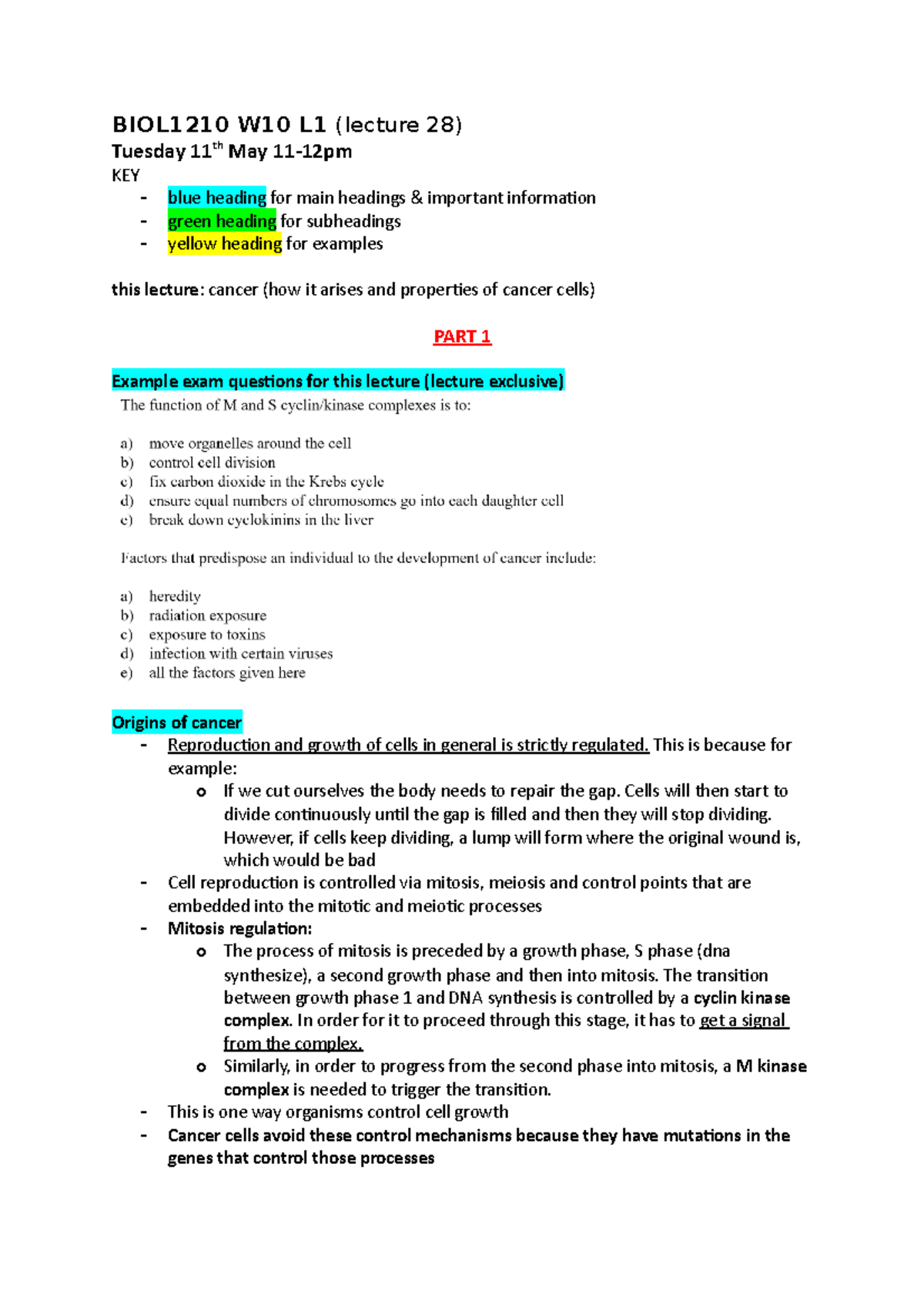 BIOL1210 W10 L1 Cancer BIOL1210 MQ StuDocu