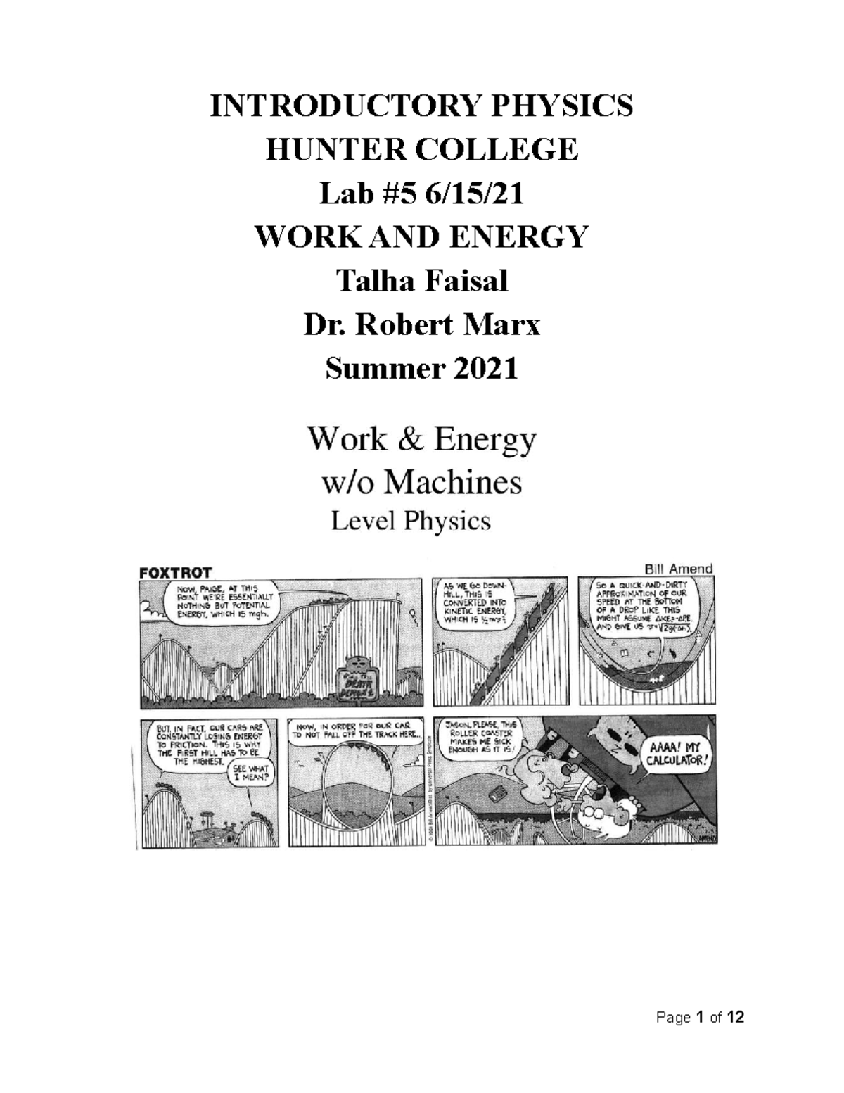 005 Energy Lab Simulation - INTRODUCTORY PHYSICS HUNTER COLLEGE Lab #5 ...