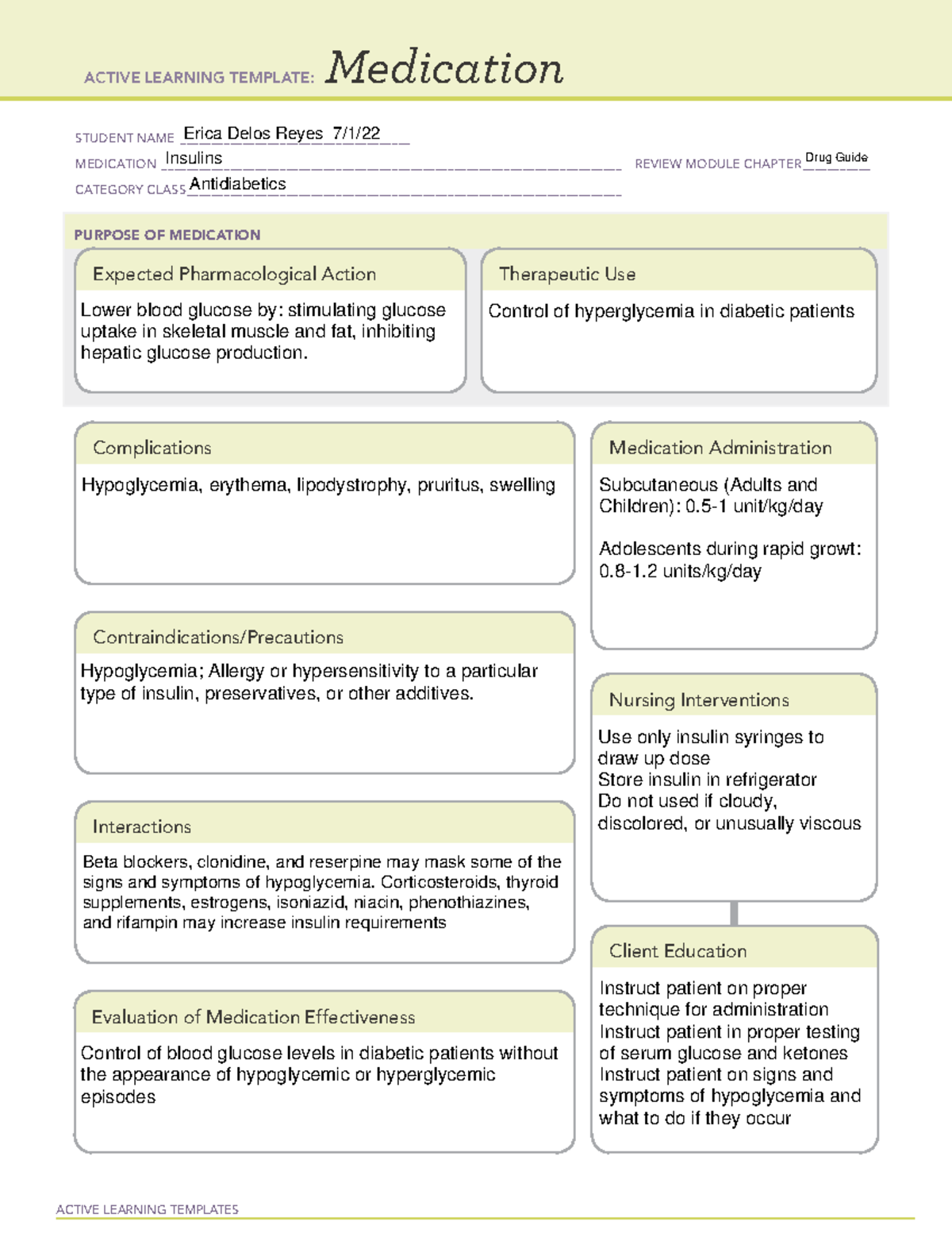 ATI Medications Insulin - ACTIVE LEARNING TEMPLATES Medication STUDENT ...