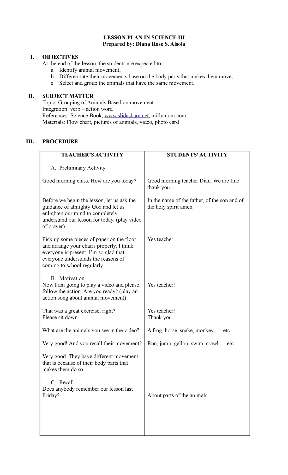 Lesson PLAN IN Science III (demo) - LESSON PLAN IN SCIENCE III Prepared ...