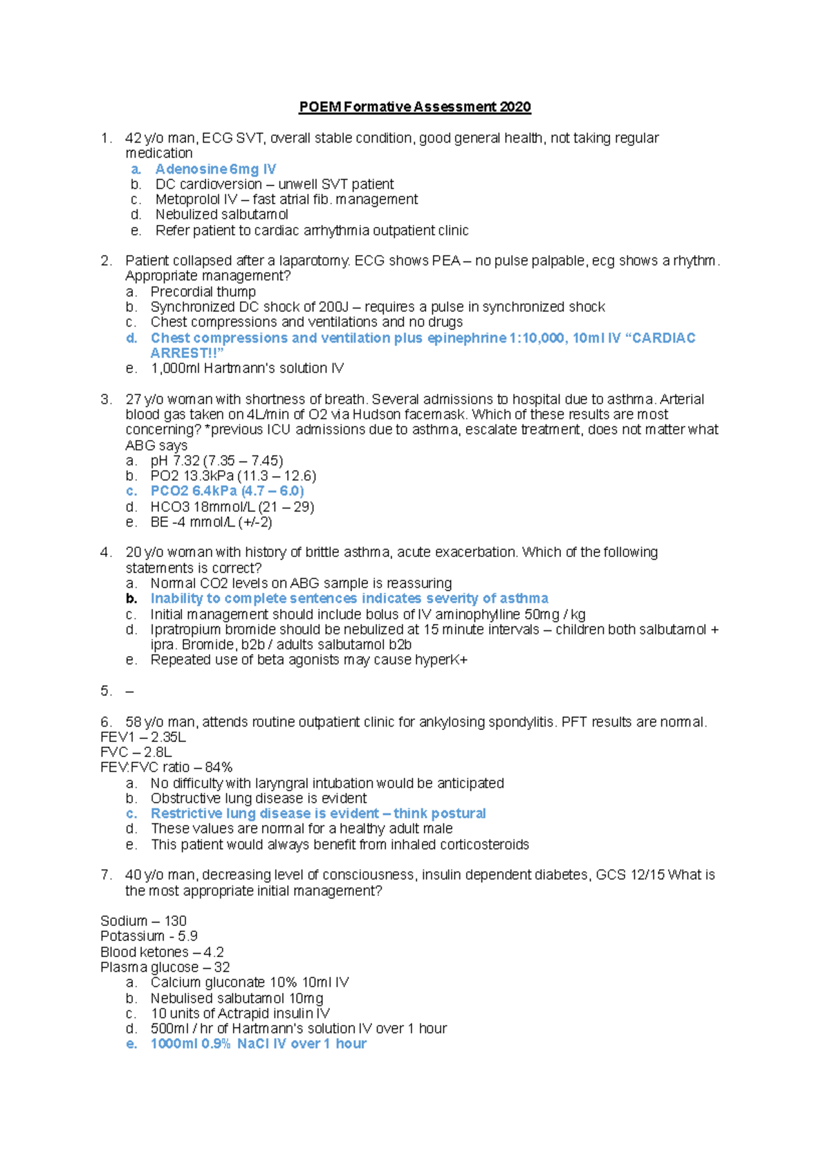 POEM Formative Assessment 2020 - Adenosine 6mg IV b. DC ...