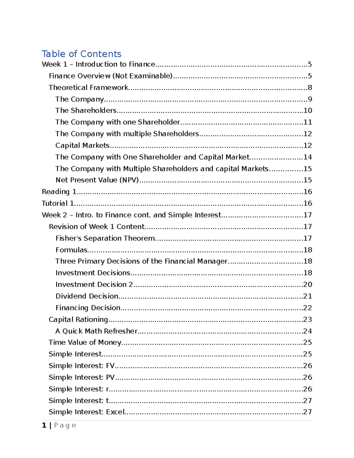 EFB210 Finance 1 Notes Week 1 ~ 10 - Table of Contents Week 1 ...