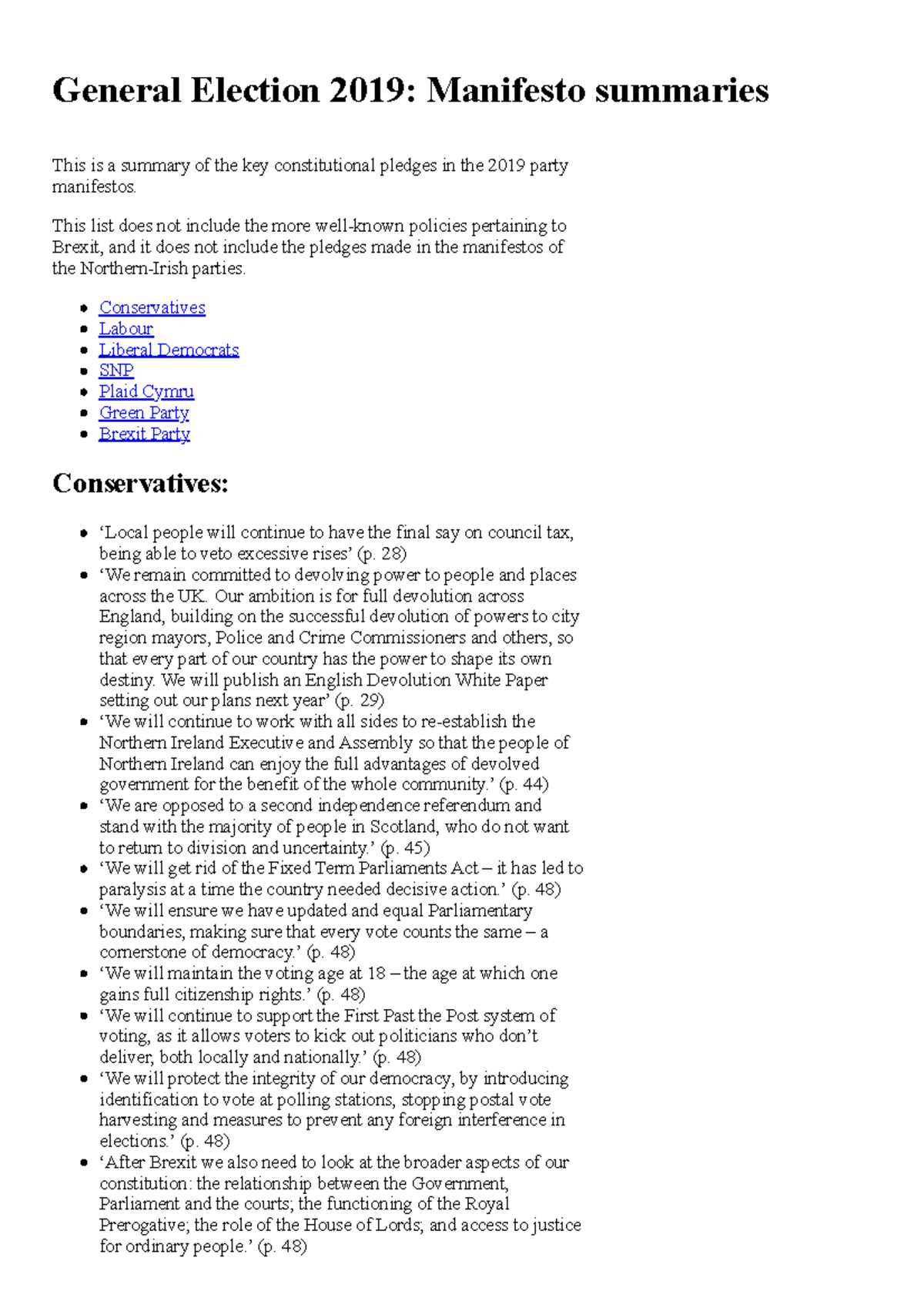 General Election 2019 Manifesto summaries The Constitution Unit - UCL ...