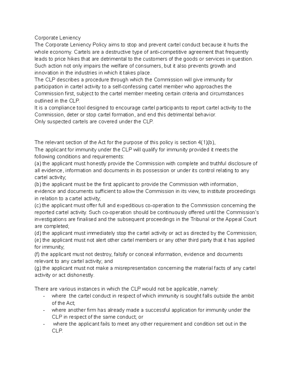 Competition LAW - Information on the Coporate Leniency Policy necessary ...