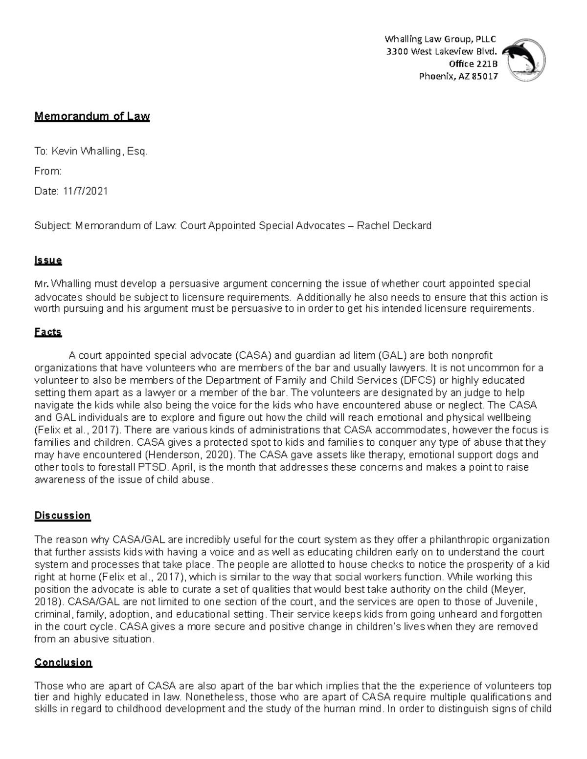 JUS325 T4 Memorandum of Law 2 Whalling Law Group, PLLC 3300 West