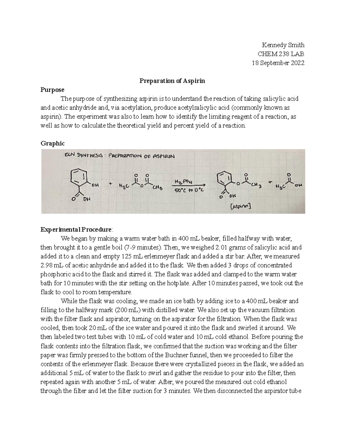 ELN Synthesis Kennedy Smith Kennedy Smith CHEM 238 LAB 18 September