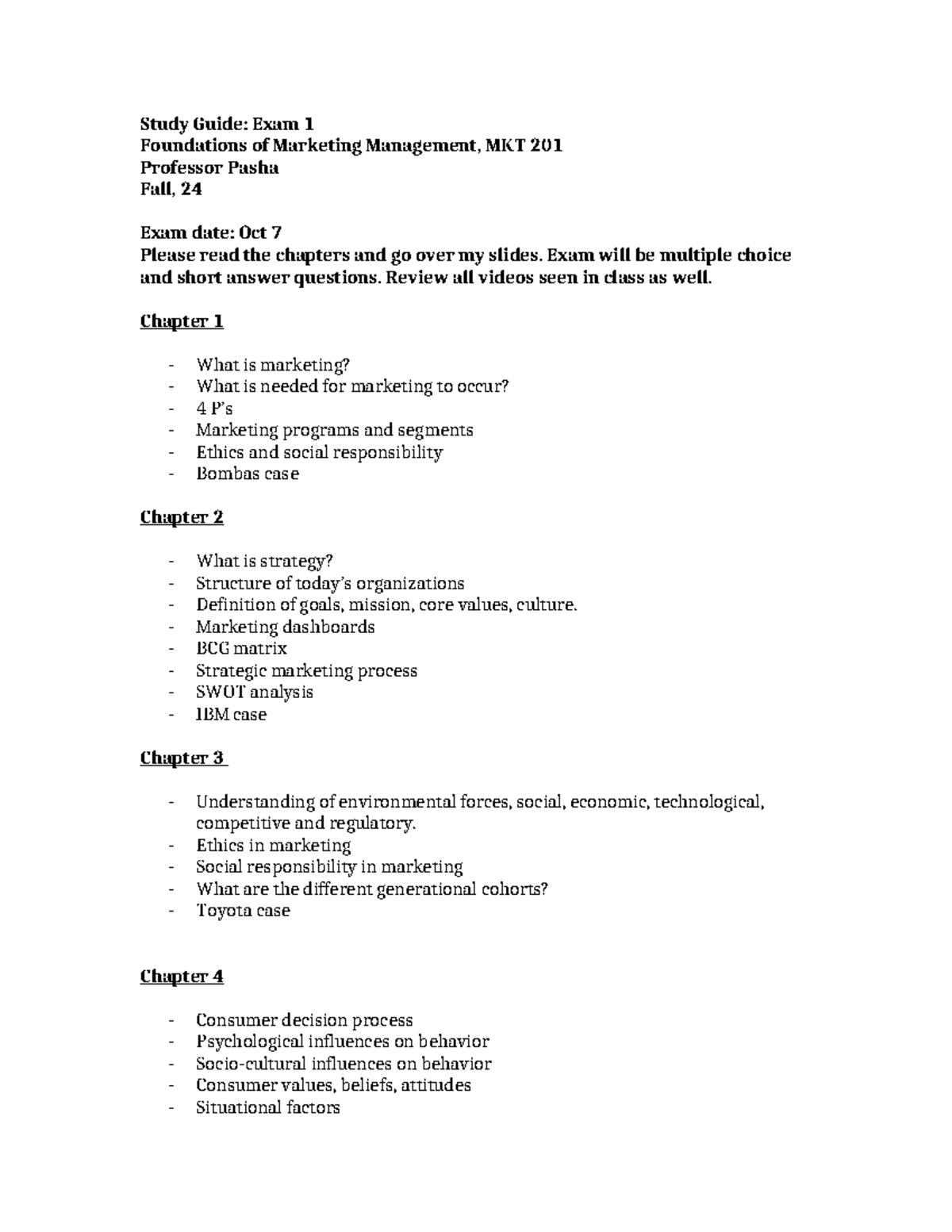Study+Guide+1%2C+MKT+201%2C+Fall24 - Study Guide: Exam 1 Foundations of ...