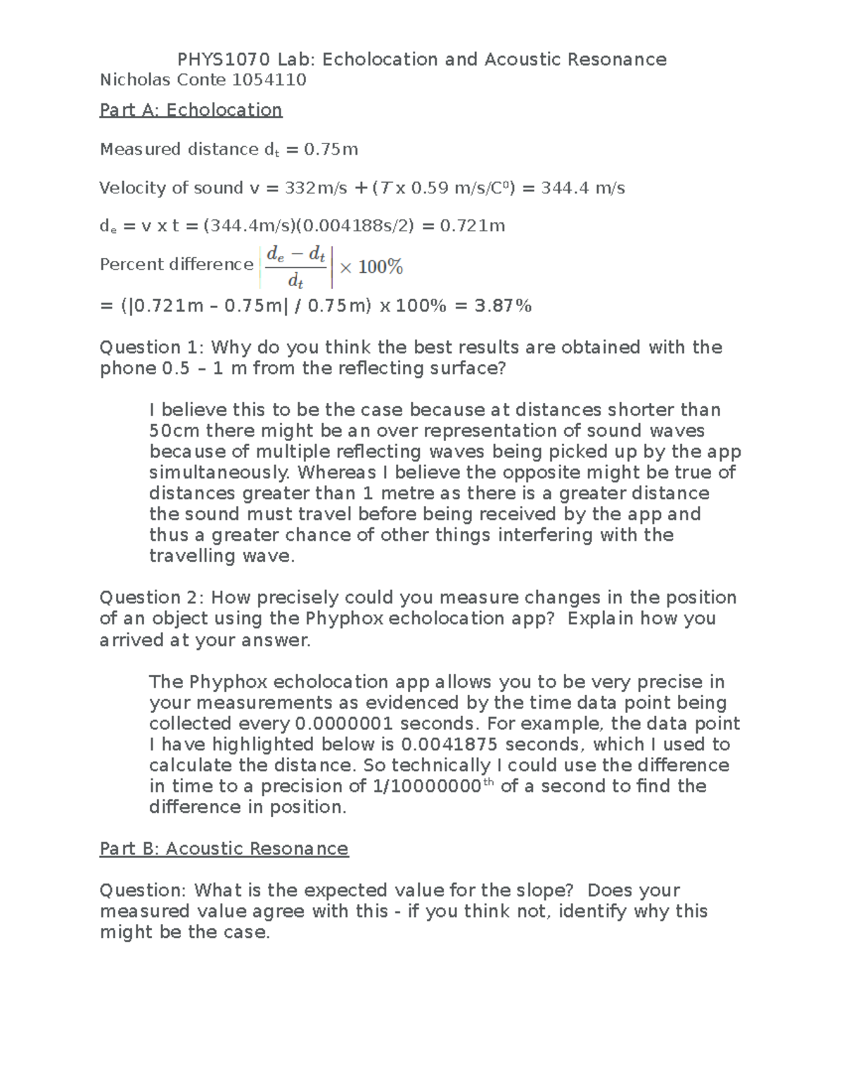 PHYS1070 LAB 1 2020 PHYS1070 Lab Echolocation and Acoustic Resonance